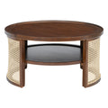 2 Tiered Round Walnut Wood Coffee Table With Storage Rattan Base In 31.3'' Walnut Rubber Wood
