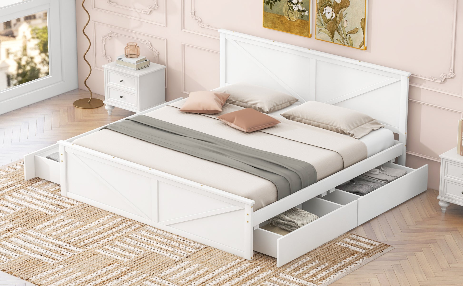 King Size Wooden Platform Bed With Four Storage Drawers And Support Legs, White King White Pine