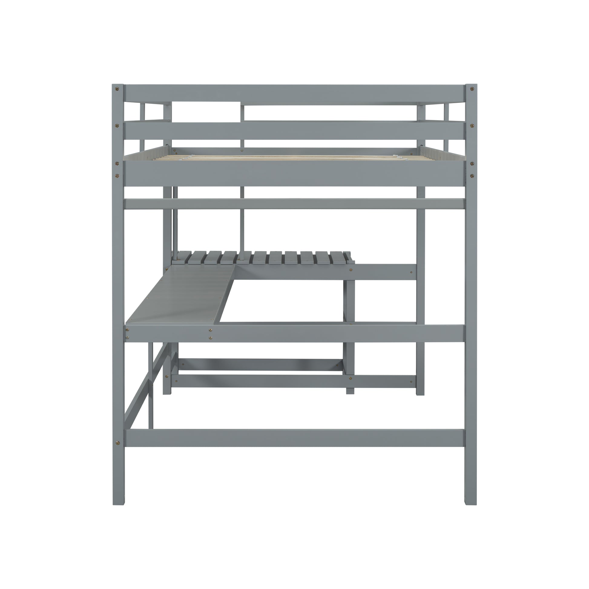Full Size High Loft Bed With Built In Desk, Ladder Platform, Ladders, Guardrails ,Grey Full Grey Bedroom American Design Pine