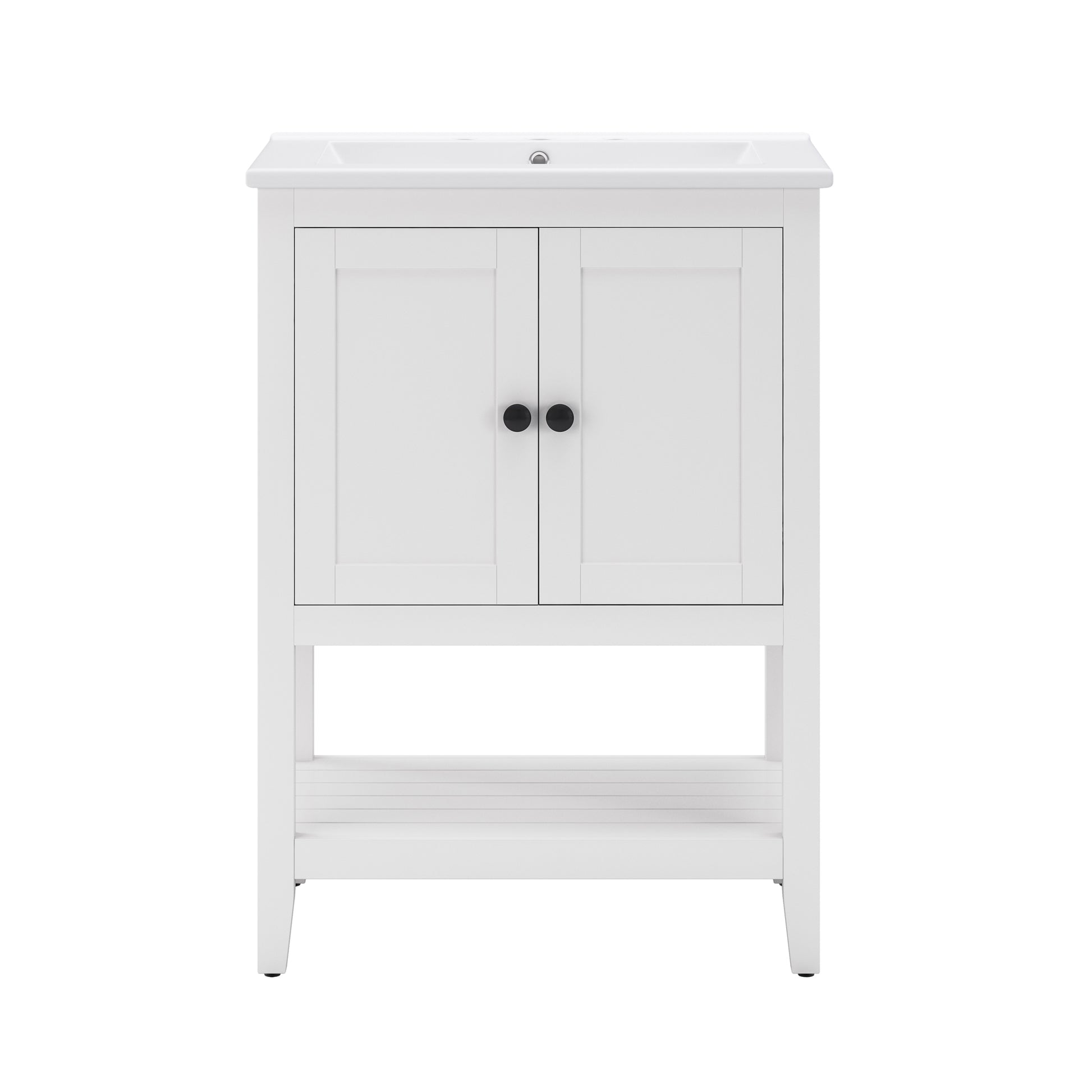 24" White Modern Sleek Bathroom Vanity Elegant Ceramic Sink With Solid Wood Frame Open Style Shelf White Solid Wood