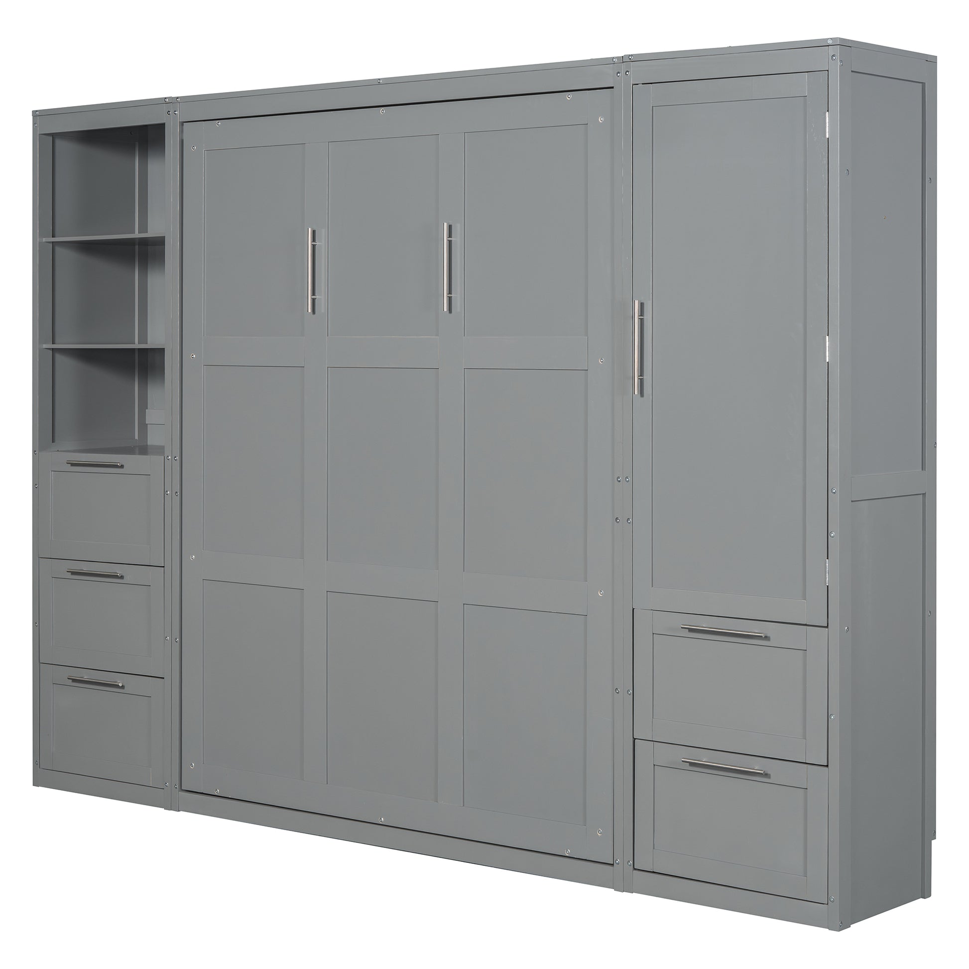 Queen Size Murphy Bed Wall Bed With Closet ,Drawers And Shelves,Gray Queen Gray Mdf Lvl
