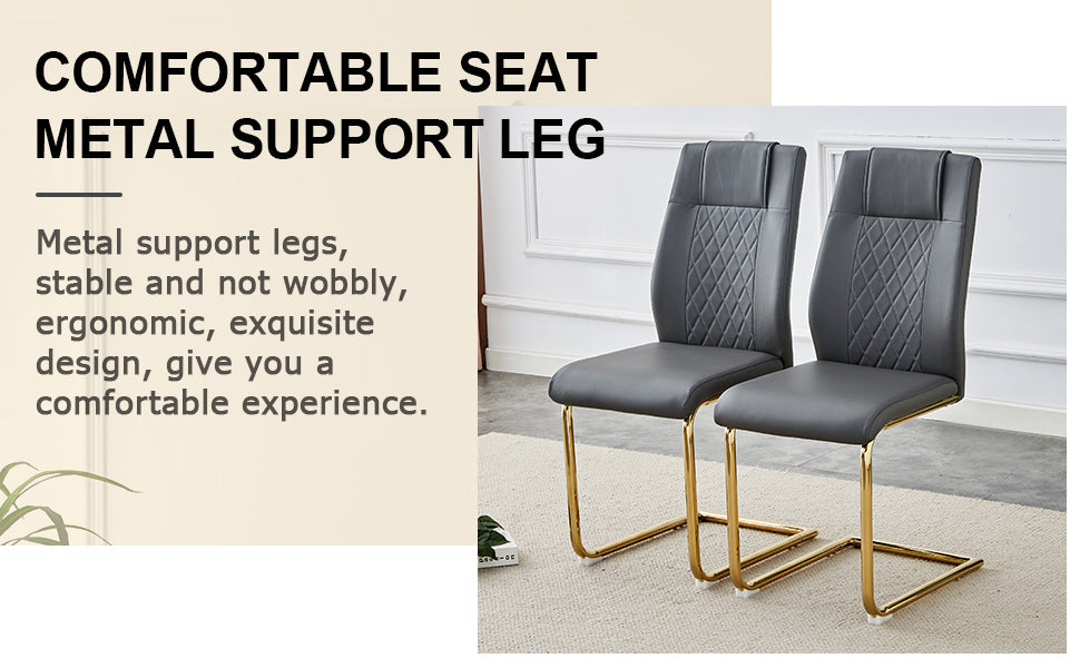 Table And Chair Set.Modern Rectangular Dining Table With Transparent Tempered Glass Tabletop And Gold Plated Metal Legs.Paried With 6 Comfortable Chairs With Pu Seats And Golden Metal Legs. Grey Gold,Transparent Seats 6 Glass Metal