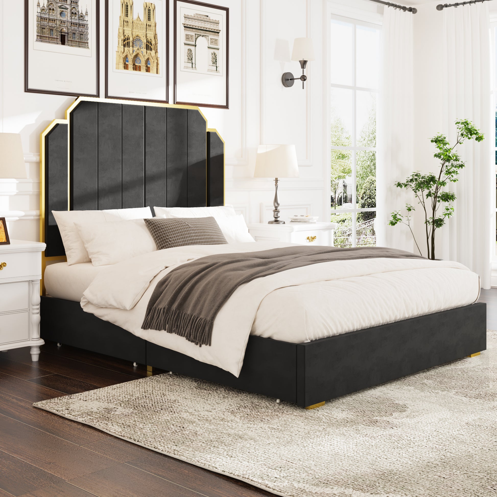 Queen Size Bed Frame And 59.06" Headboard, Upholstered Bed With Golden Plating Trim, Modern Platform Bed No Box Spring Needed, Black Box Spring Not Required Queen Gold Black Metal Bedroom Modern Bed Frame Velvet Mdf Metal