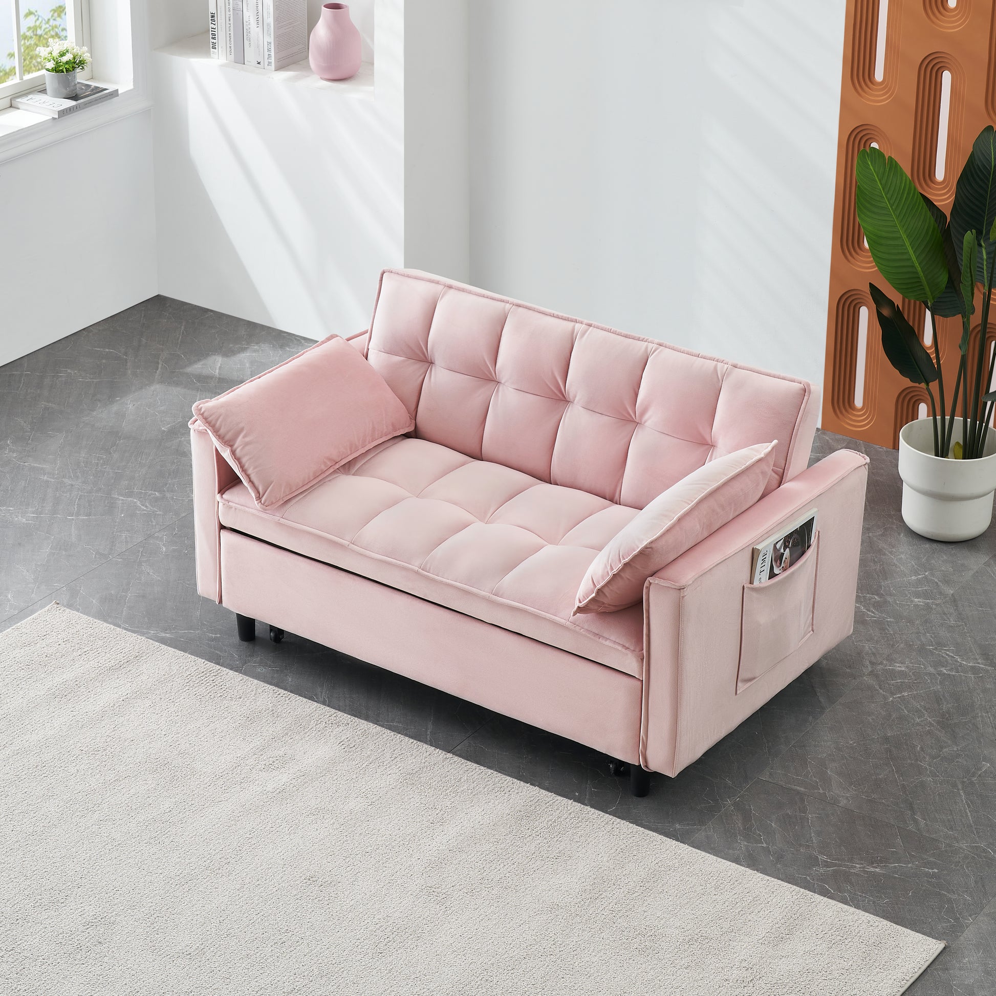 55 Inches Pink Modern Velvet Sofa, Seating Sofa With Backrest, Soft And Comfortable Living Room Furniture, 3 In 1 Convertible Sofa Bed For Living Room Bedroom Pink Velvet 2 Seat