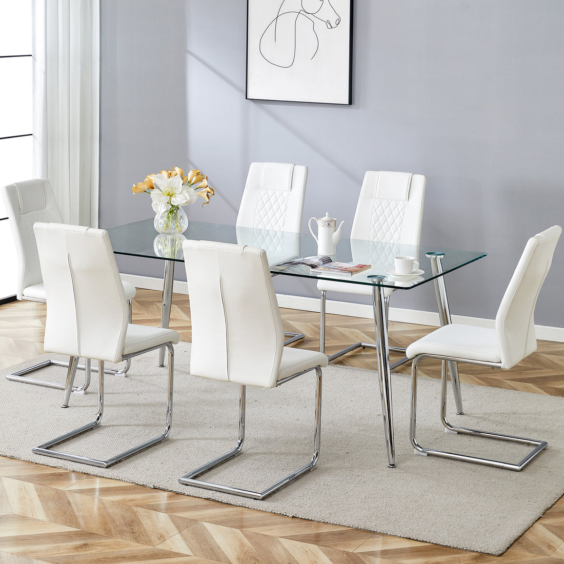 Table And Chair Set.Modern Rectangular Glass Dining Table With A Tempered Glass Tabletop And Silver Metal Legs, Paired With Multiple Chairs Designed With Pu Cushions And Silver Metal Legs. Silver White Seats 6 Tempered Glass