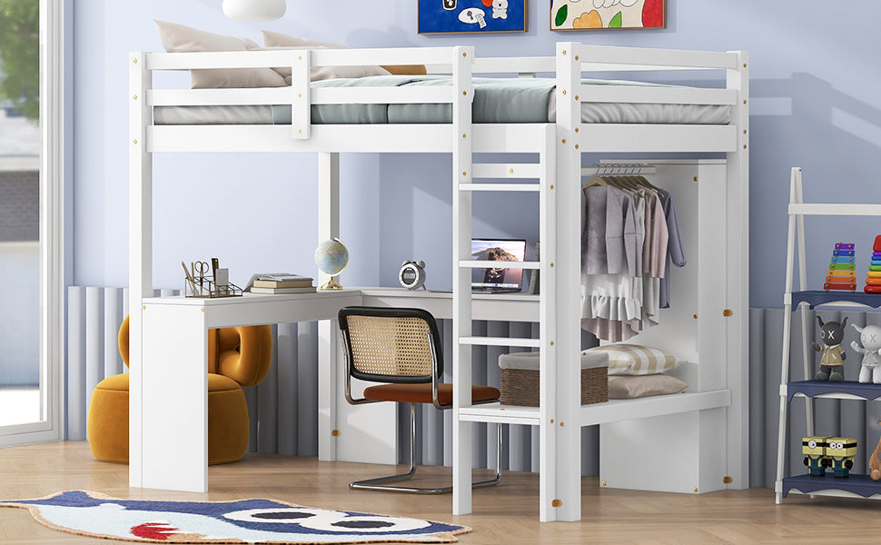 Twin Size Loft Bed With L Shaped Desk, Wardrobe And Storage Shelves, White Expected Arrival Time: 8.31 Box Spring Not Required Twin White Wood Bedroom Solid Wood Mdf