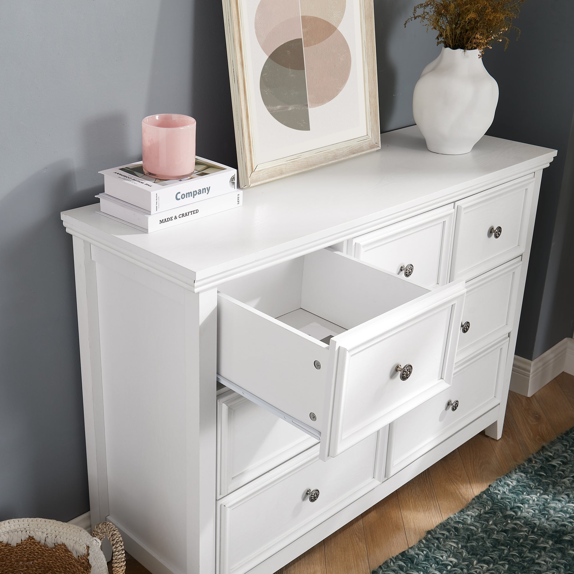 Modern 7 Drawers Dresser 7 Drawers Cabinet,Chest Of Drawers Closet Organizers And Storage Clothes Storage Drawers Cabinet For Living Room, Farmhouse Dresser Organizer White White Mdf