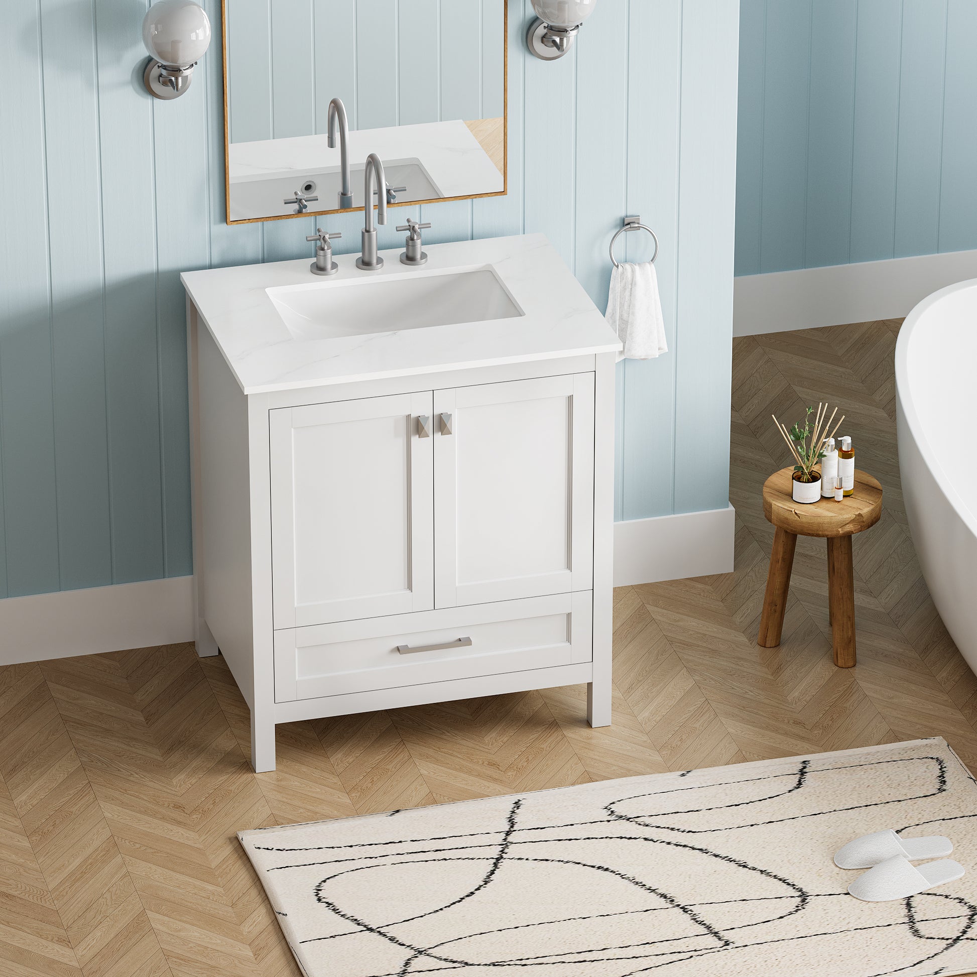 30 Inch Freestanding Bathroom Vanity With Sink, Carrara Engineered Marble Vanity Top With Undermounted Rectangular Ceramic Sink, Large Storage Soft Close Door, White 24V03 30Wh White Wood Solid Wood