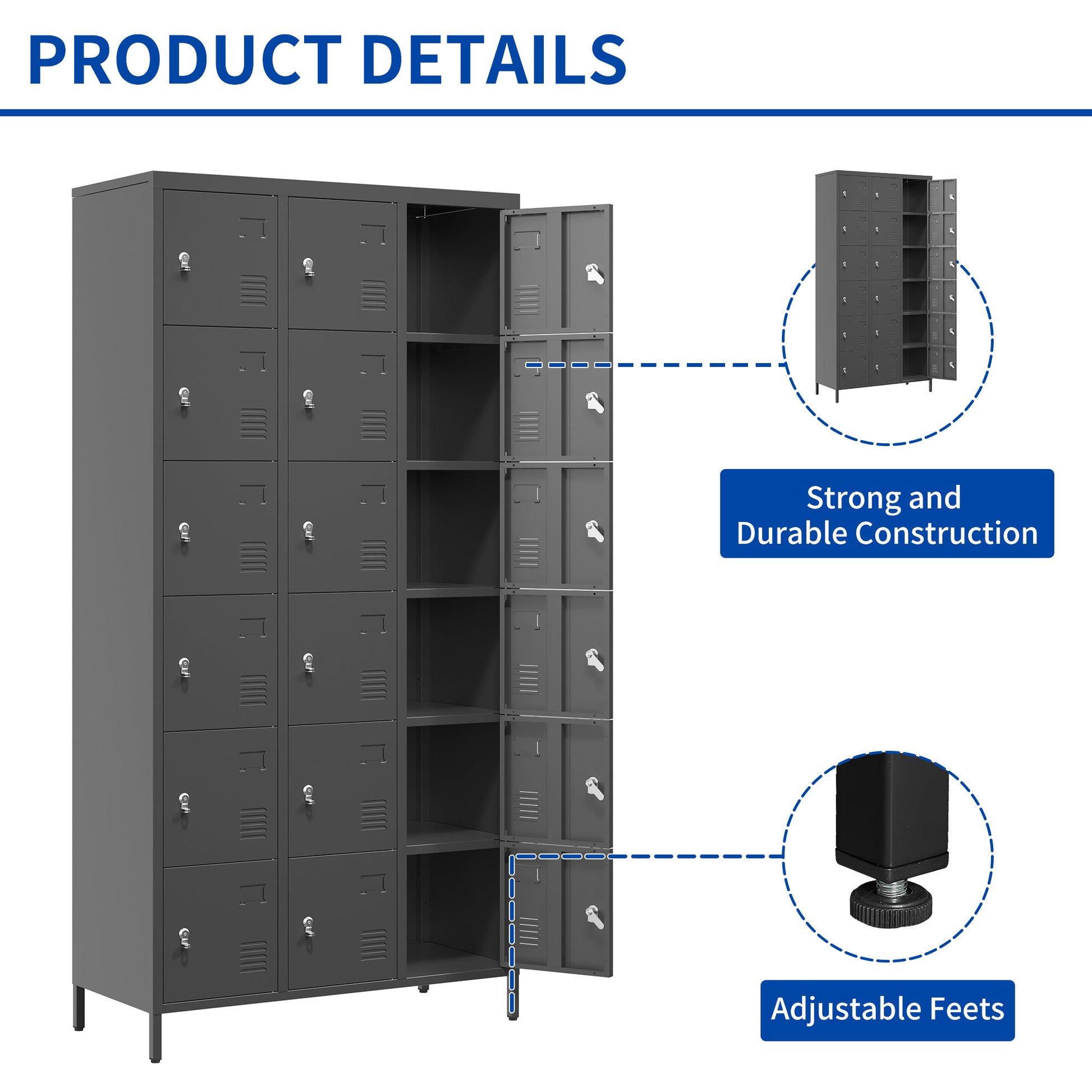 18 Door 72"H Metal Lockers With Lock For Employees,Storage Locker Cabinet For Home Gym Office School Garage,Easy Assembly,Black Freestanding 5 Or More Spaces Black Primary Living Space Door Locks