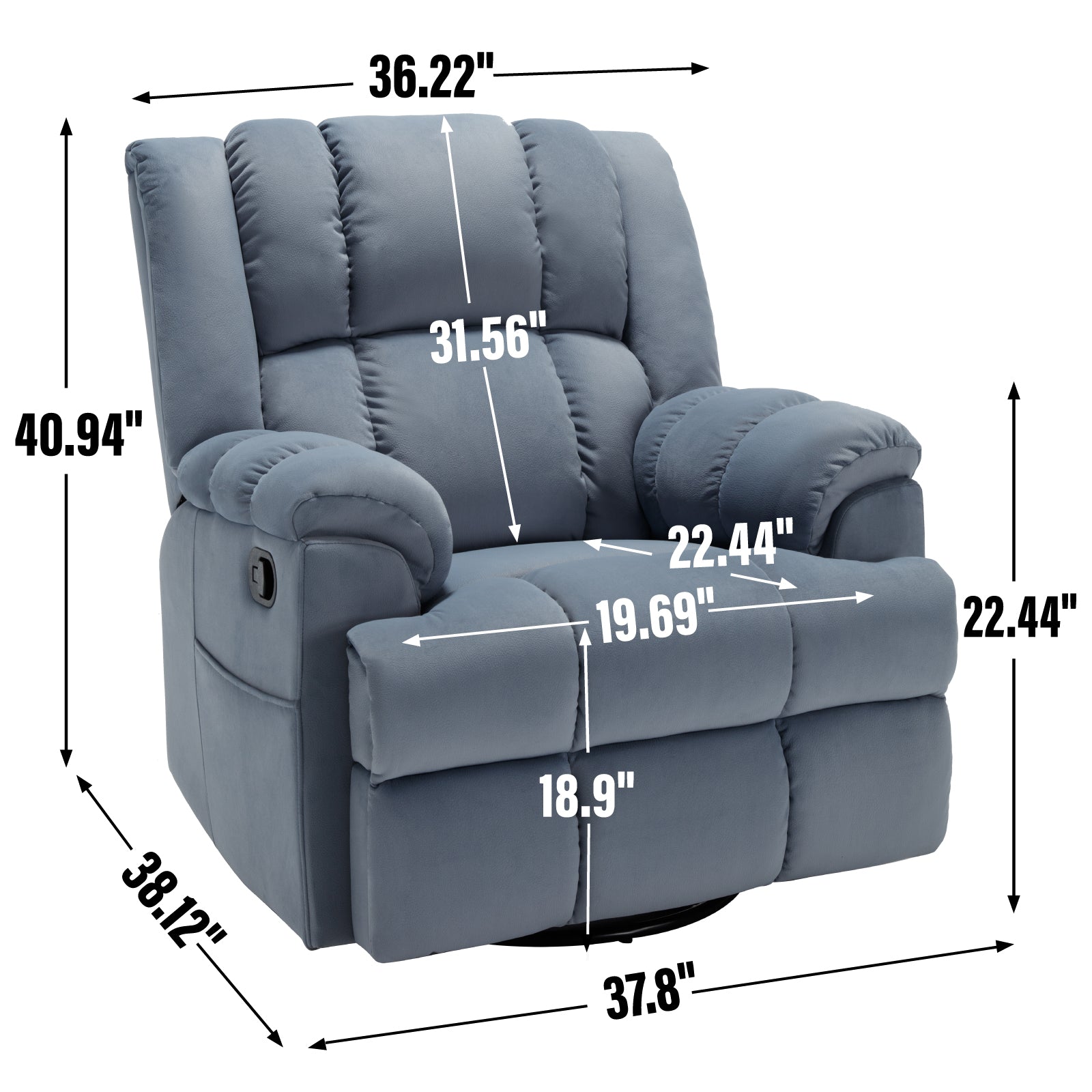 Manual Recliner Chair With Rocker And Swivel In Fabric For Living Room, Blue Blue Polyester Manual Handle Metal Primary Living Space Medium Firm Cushion Back Heavy Duty American Design Pine Pillow