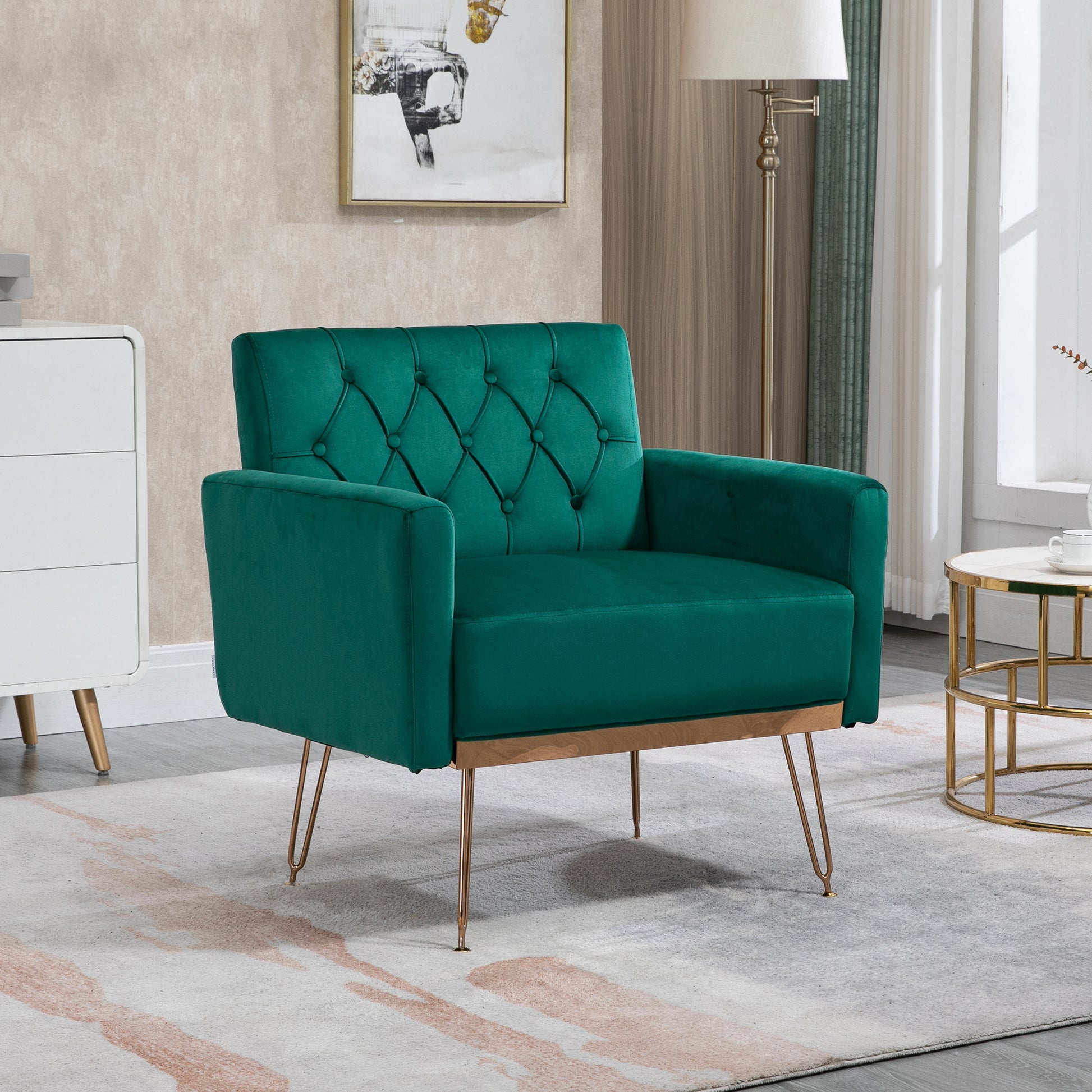 Coolmore Velvet Armchair Single Sofa Modern Tufted Upholstered Side Reading Chairs With Arm And Gold Metal Leg For Living Room Bedroom Green Green Foam Velvet