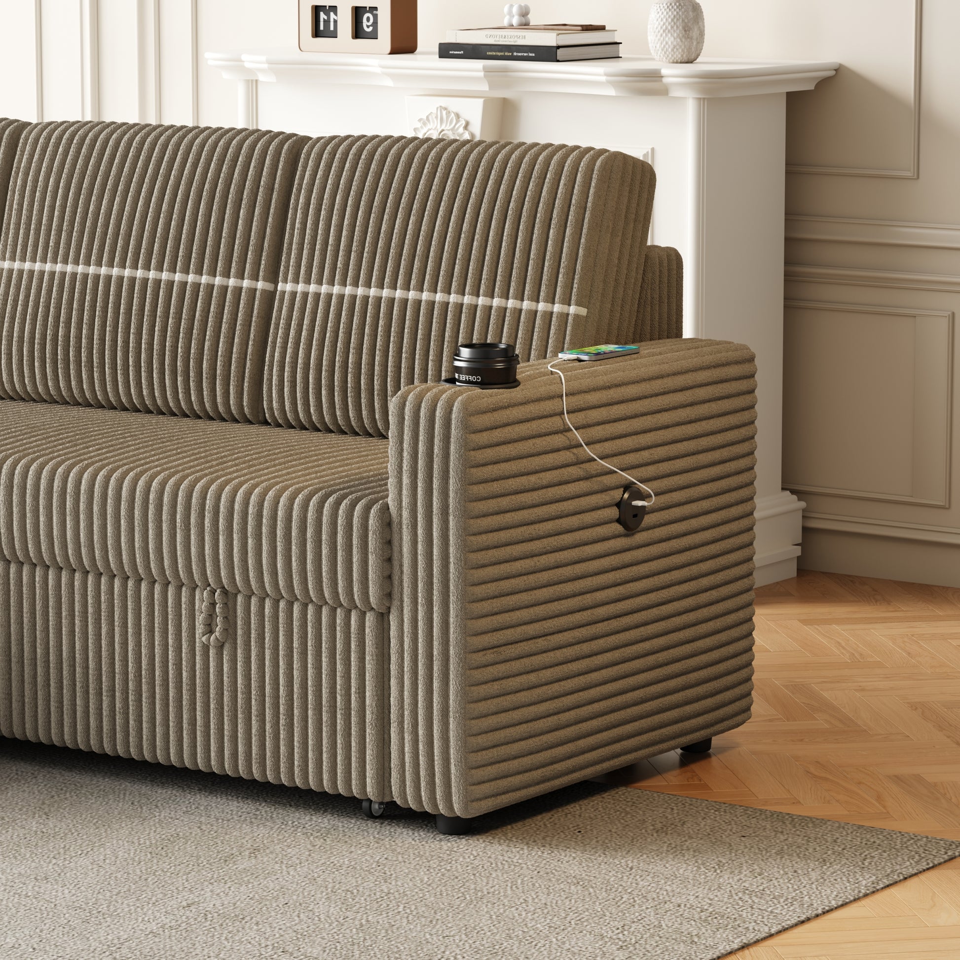 85 Inches Corduroy Sofa Bed, 3 Seater Sleeper Sofa With Storage Chaise, Square Handrail With Two Cup Holder And Usb Charge Port, Pull Out Couch For Living Room Brown Corduroy 3 Seat