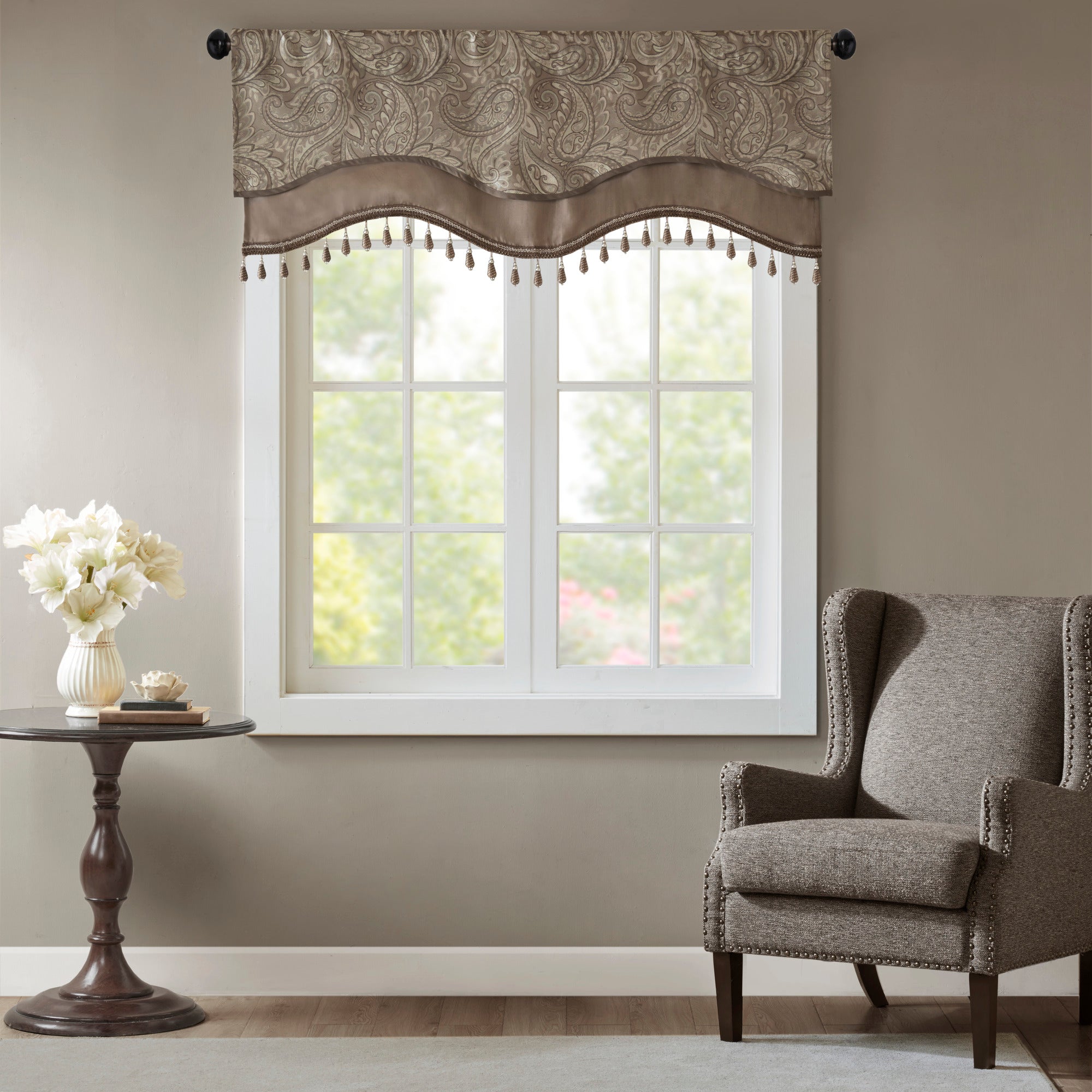 Jacquard Window Rod Pocket Valance With Beads Blue Brown 50X18" Blue Brown Polyester