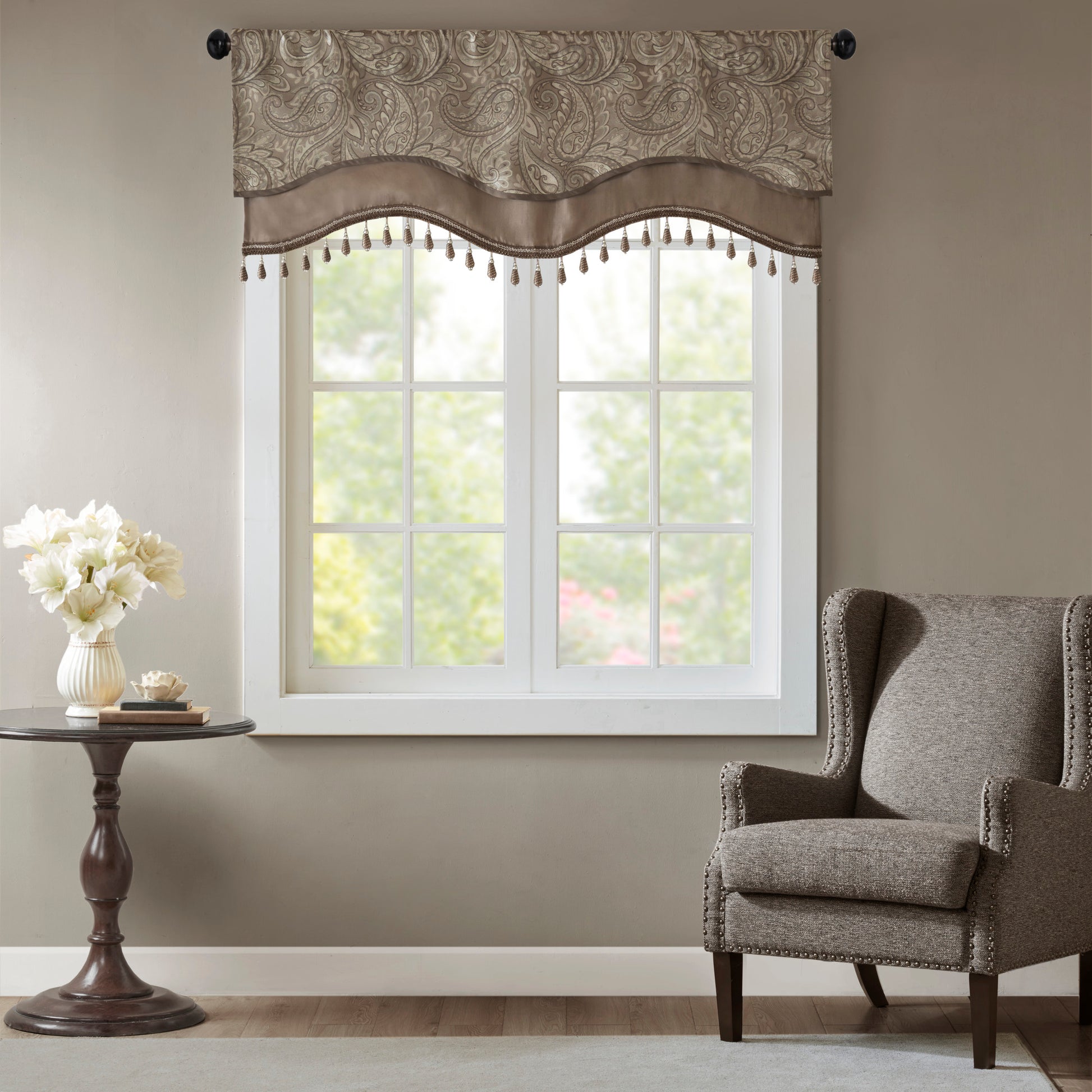 Jacquard Window Rod Pocket Valance With Beads Blue Brown 50X18" Blue Brown Polyester