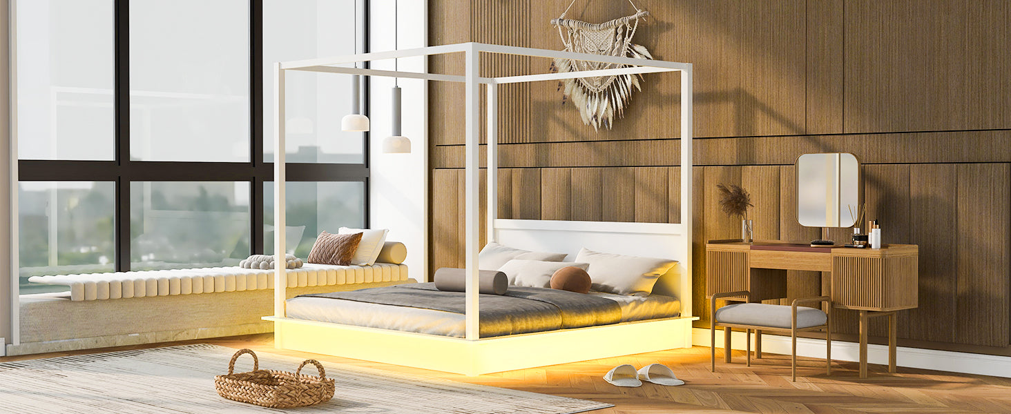 King Size Wood Led Canopy Bed ,Canopy Platform Bed With Support Slats, No Box Spring Needed, Whitekig King White Plywood