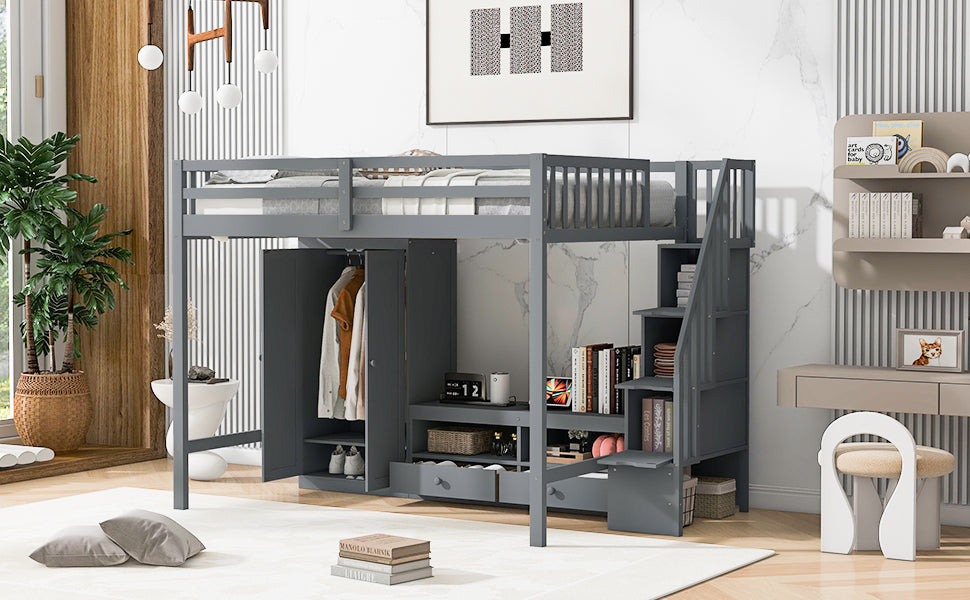 Full Size Loft Bed Frame With Wardrobe,Low Storage Table And Storage Staircase,Gray Gray Solid Wood Mdf