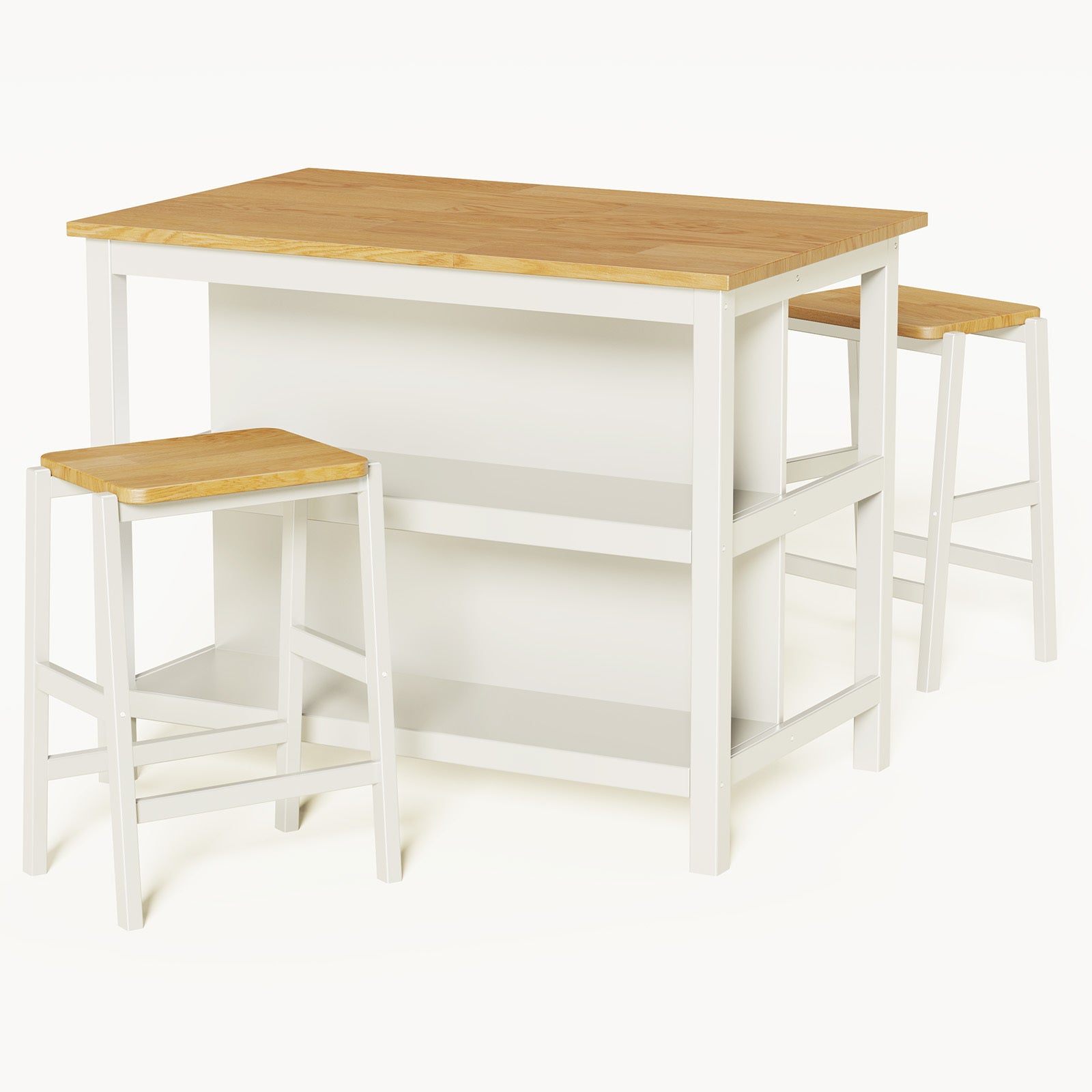 3 Pcs Dining Table Set Rustic Retro Breakfast Table Dining Stools Rubber Wood For 2 With Two Open Shelves For Small Space Kitchen Dining Room Cream White White Rubber Wood