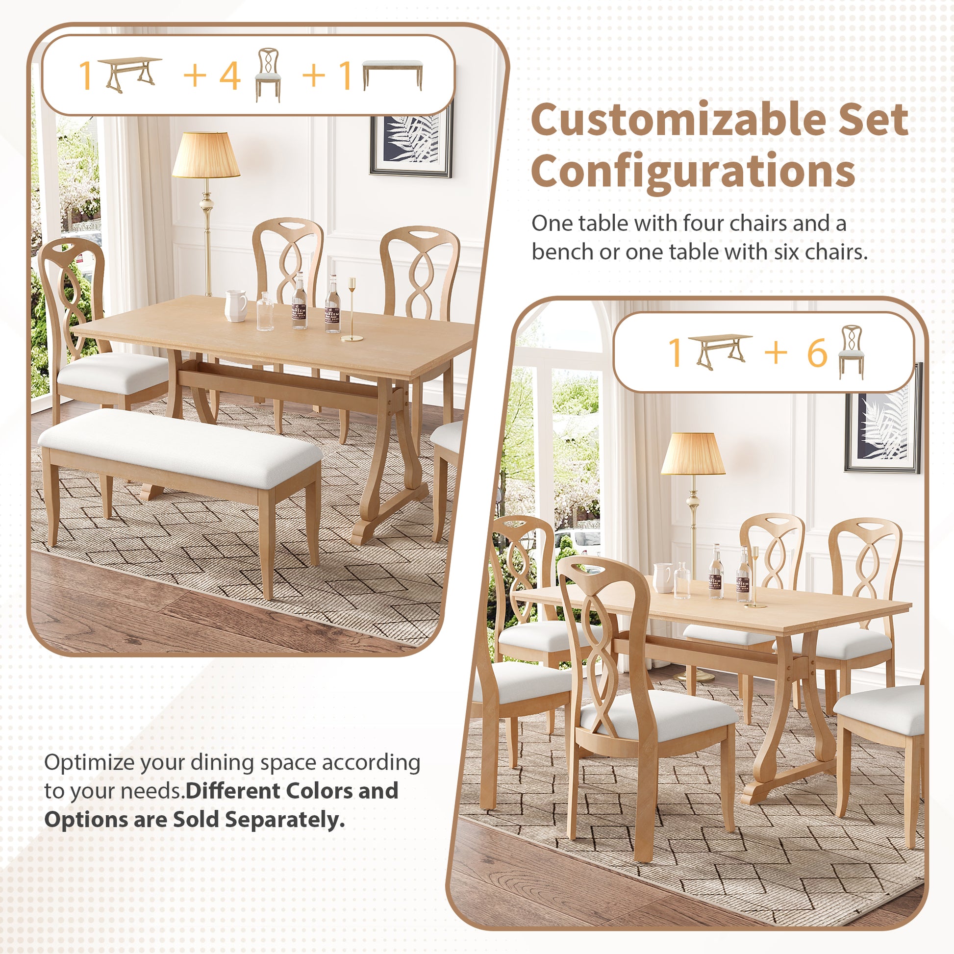 Retro 7 Piece Trestle Dining Table Set With Upholstered Dining Chairs, Smooth Dining Backs For Dining Room, Living Room, Kitchen, Natural Upholstered Chair Wood Natural Beige Seats 6 Wood Dining Room Solid Wood Rubberwood Trestle Rectangular Foam Dining