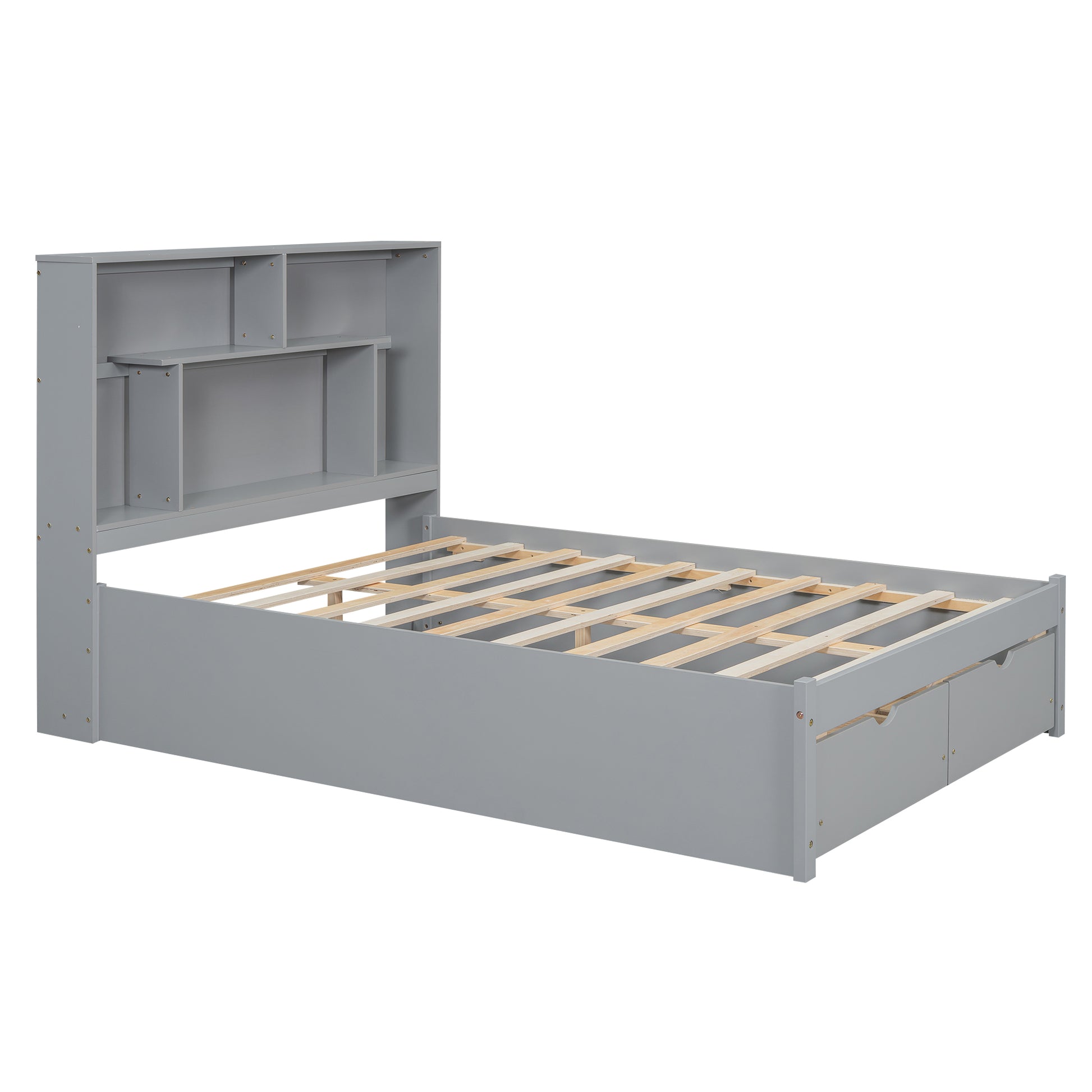 Full Size Platform Bed With Storage Headboard And 2 Drawers, Gray Box Spring Not Required Full Gray Wood Bedroom Bed Frame Solid Wood Mdf