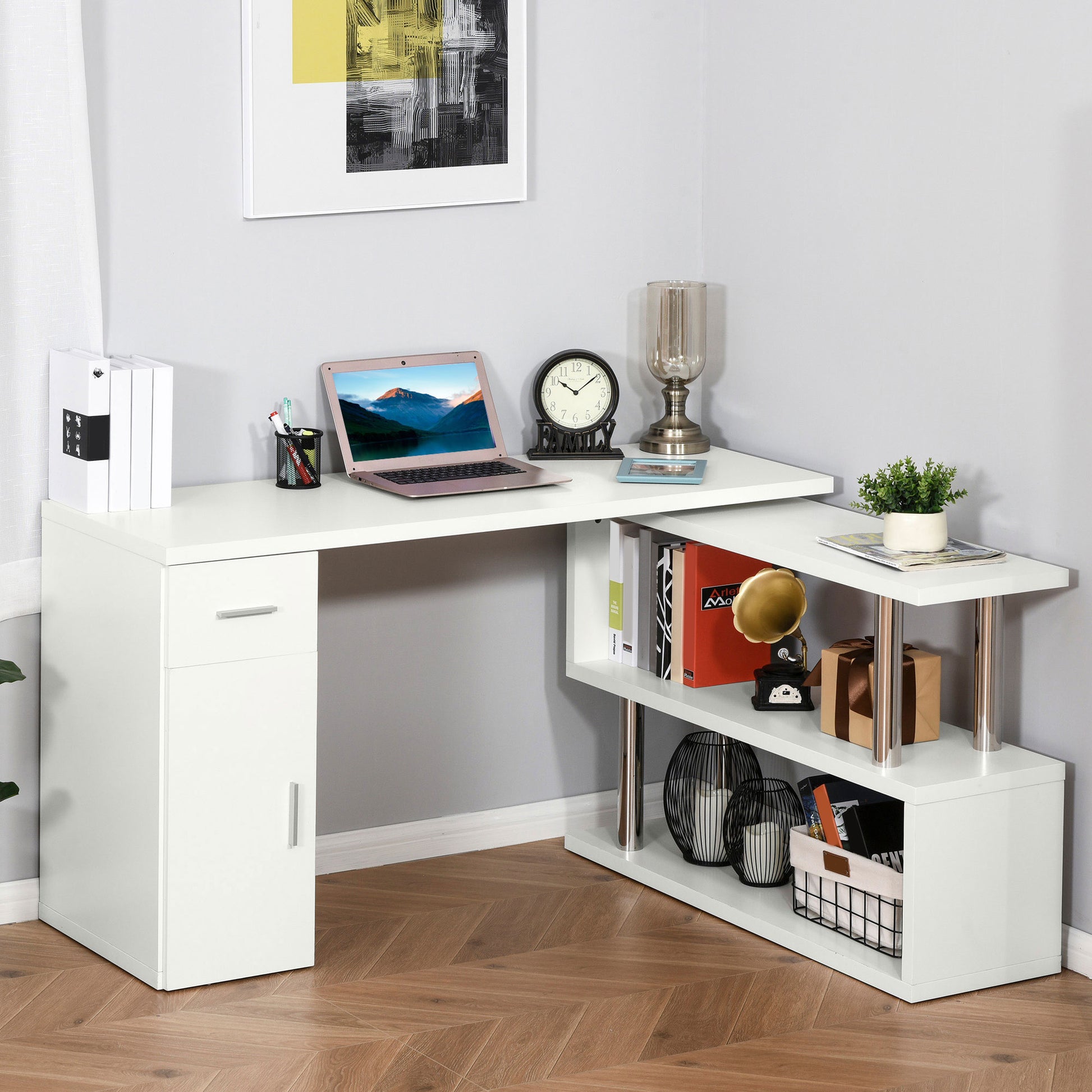 Homcom Rotating Computer Desk, 55" L Shaped Desk, Corner Desk With Storage Shelves, Cabinet And Drawer For Home Office, White White Mdf