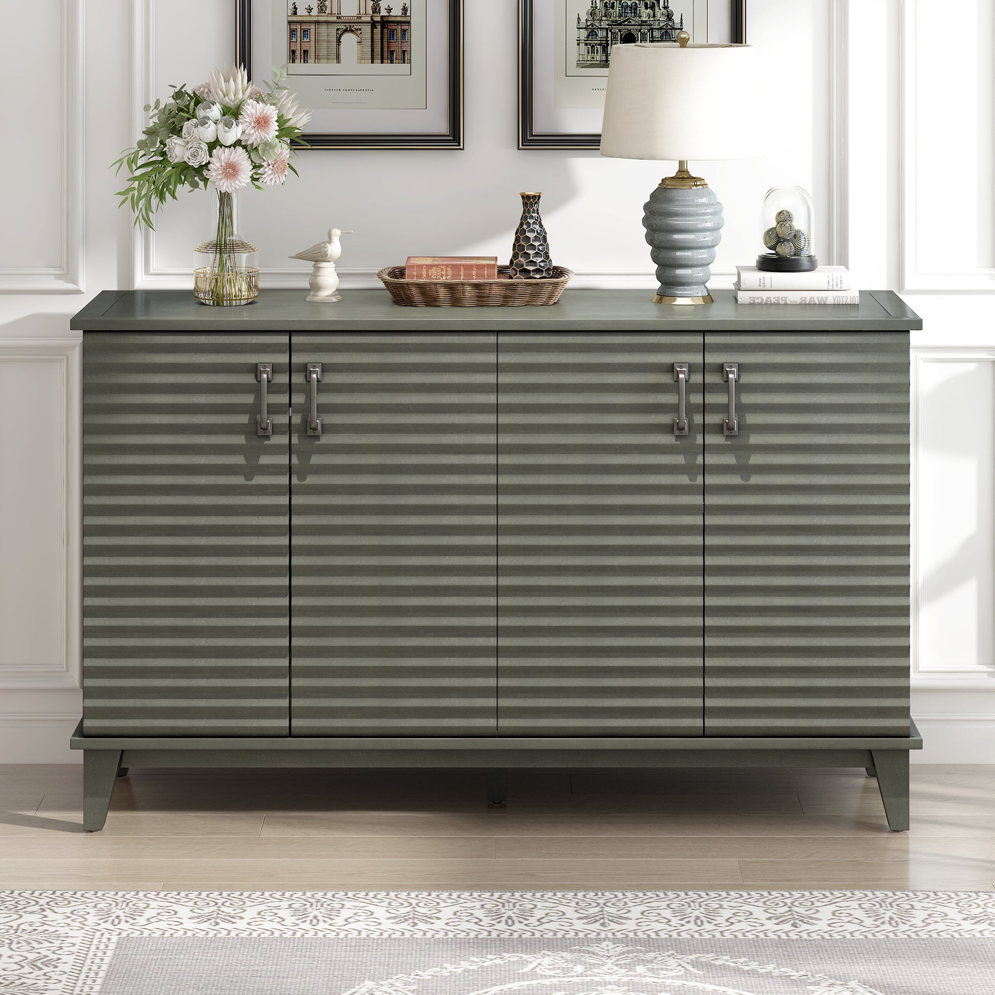 Sideboard With 4 Door Large Storage Buffet With Adjustable Shelves And Metal Handles For Kitchen, Living Room, Dining Room Antique Gray Antique Gray Solid Wood Mdf