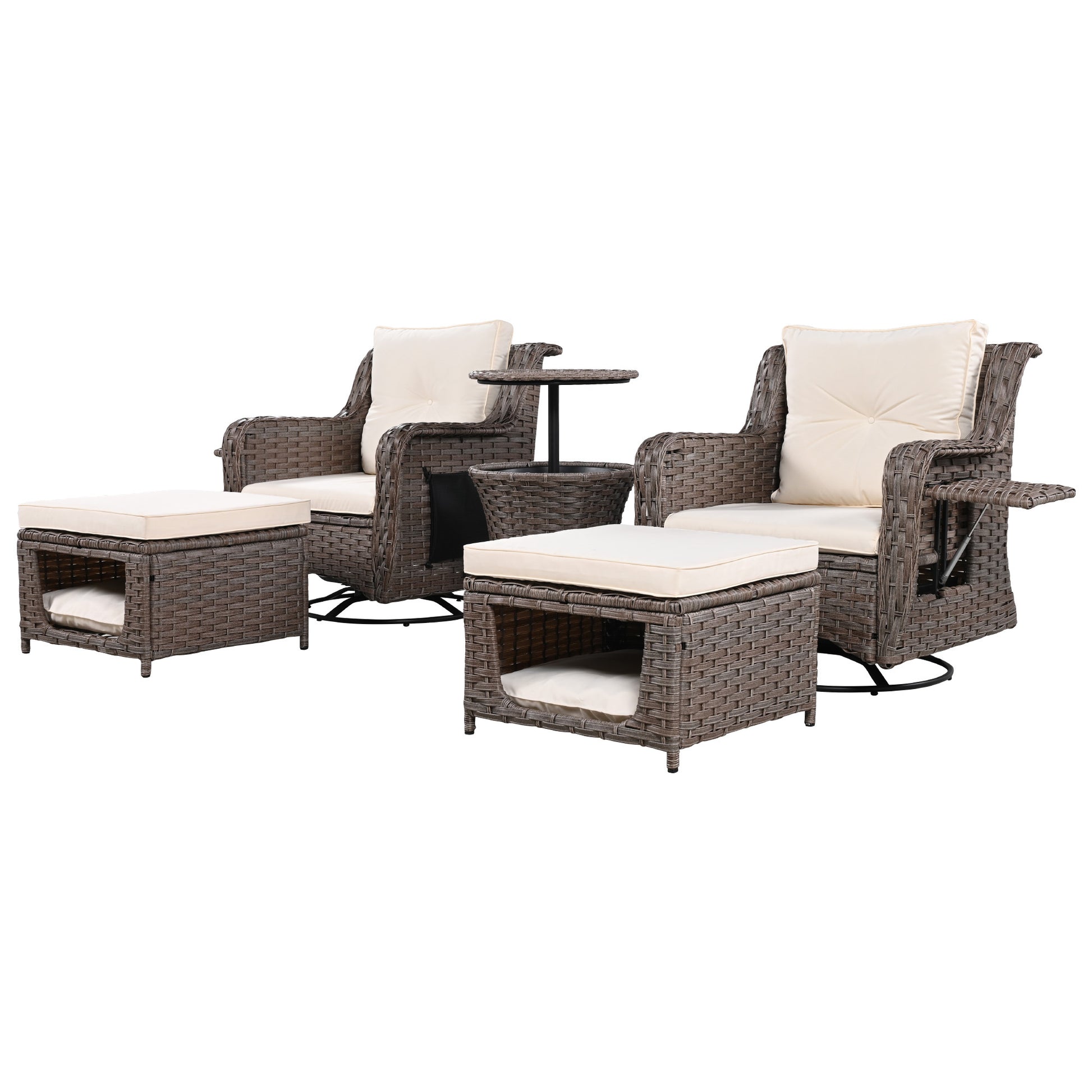 K&K 5 Pieces Outdoor Patio Furniture Set With Pet House Cool Bar And Retractable Side Tray, Rattan Wicker Patio Swivel Rocking Chairs Set Of 2 With Ottomans For Backyard, Porch, Balcony, Beige Yes Rocker & Glider Brown Beige Seats 2 Weather Resistant