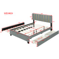 Queen Size Upholstered Platform Bed With 2 Drawers And 1 Trundle, Classic Metal Strip Headboard Design, Grey Queen Gray Mdf Lvl