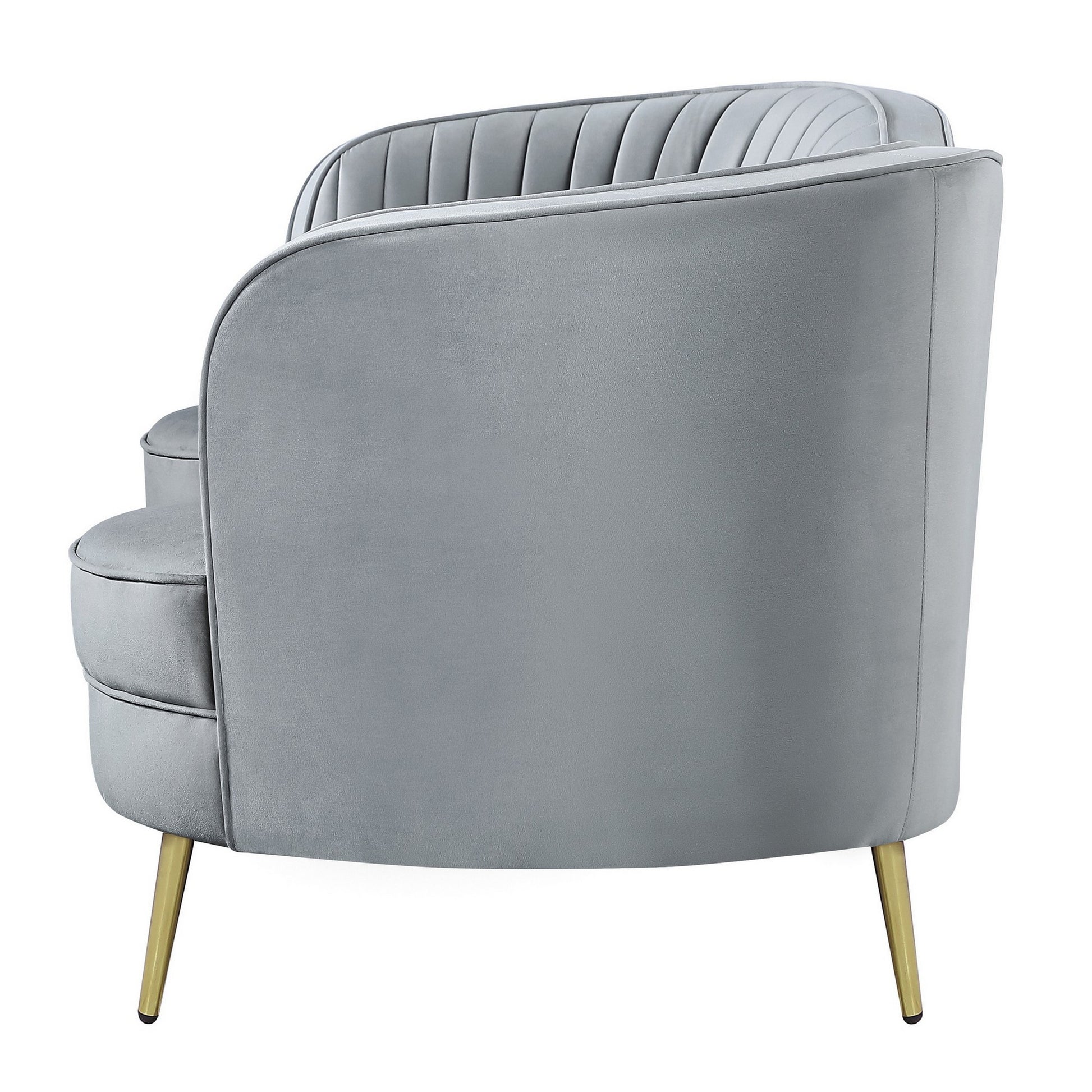Enzo 74 Inch Modern Loveseat, Channel Tufted Kidney Shape, Gray And Gold Gray Wood 3 Seat