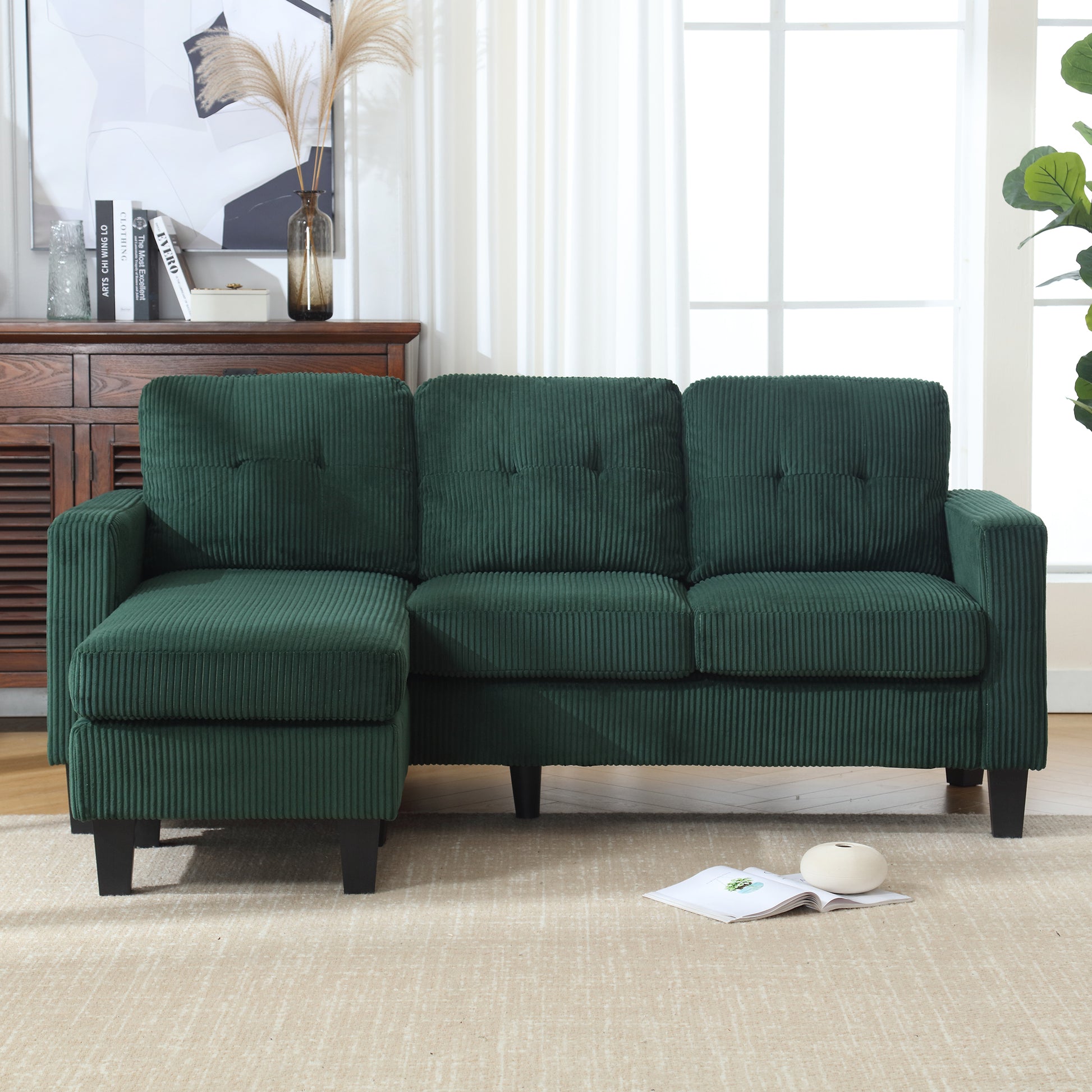 Velvet Sectional Couchl Shaped Sofa With Ottoman For Small Apartment Emerald Velvet 3 Seat