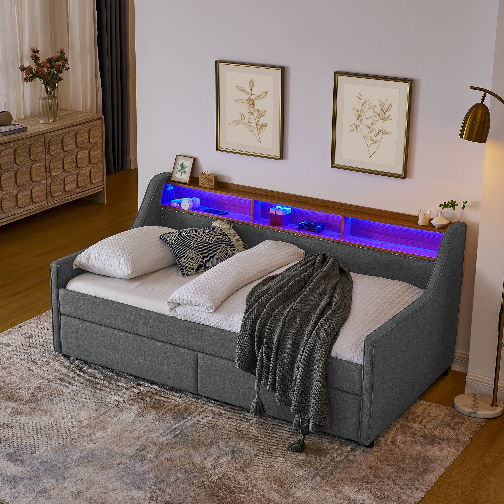 Twin Size Upholstery Sofa Bed With Three Led Lights, With Storage Adjustable Headboard, With Two Storage Pull Up Drawers And Wireless Charging, Linen Padded Sofa Bed Frame, Grey Box Spring Not Required Twin Grey Composite Bedroom Classic Eucalyptus Foam
