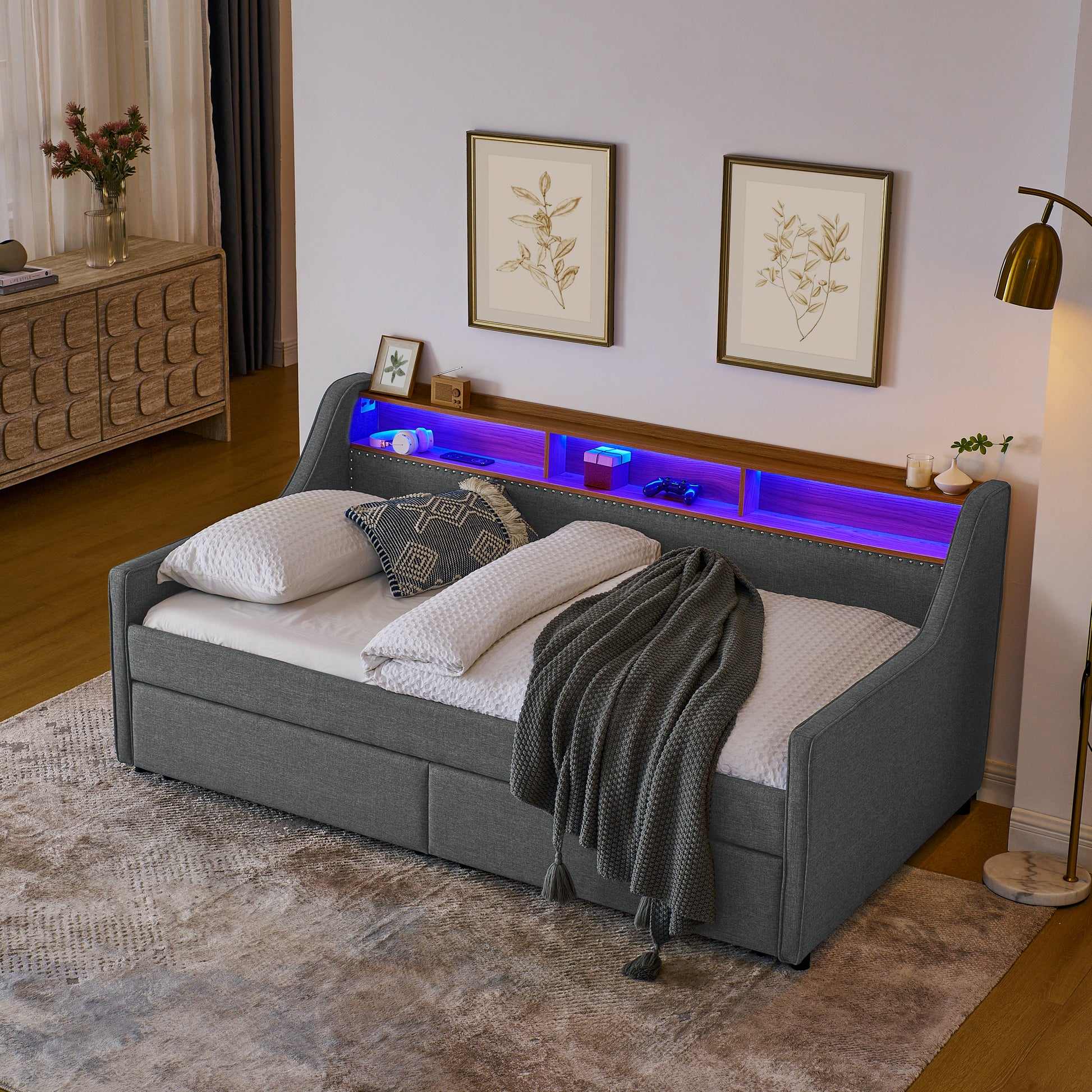 Twin Size Upholstery Sofa Bed With Three Led Lights, With Storage Adjustable Headboard, With Two Storage Pull Up Drawers And Wireless Charging, Linen Padded Sofa Bed Frame, Grey Box Spring Not Required Twin Grey Composite Bedroom Classic Eucalyptus Foam