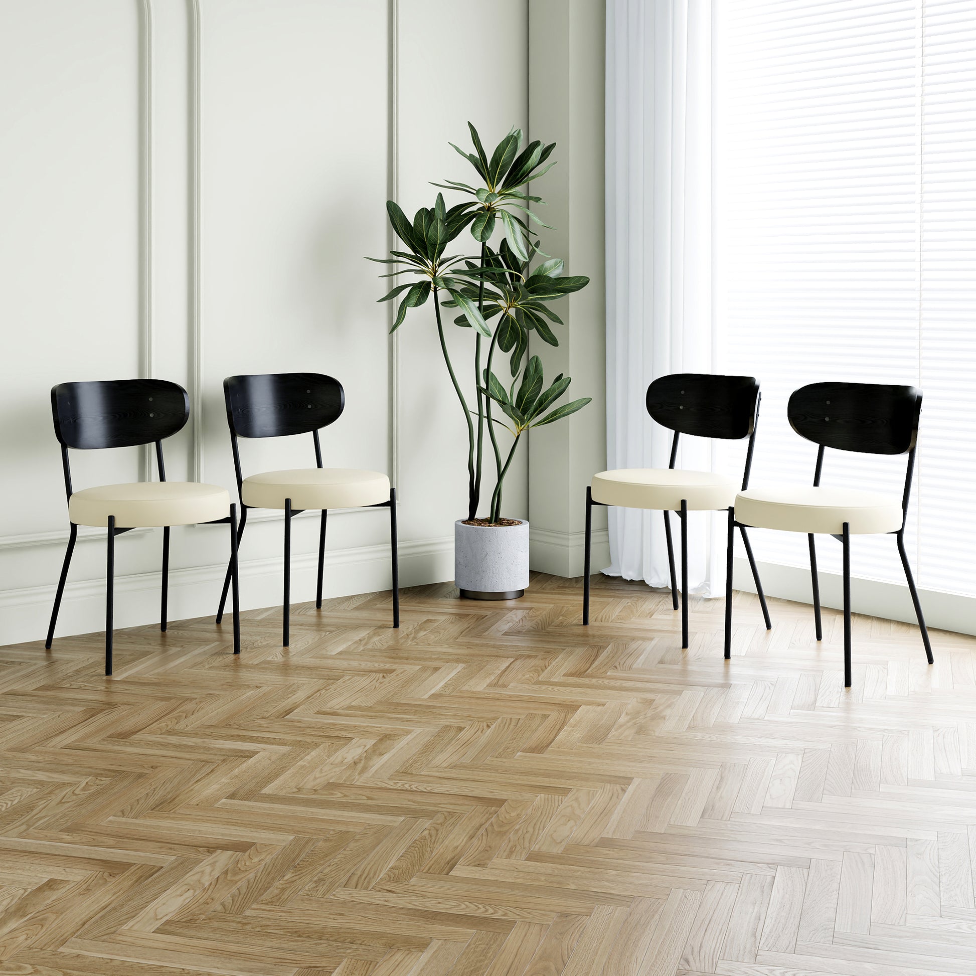 Modern Grey Simple Pu Dining Chair Upholstered Chair Family Bedroom Stool Back Dressing, Black Round Table Set, Bentwood Covered With Ash Veneer Chair Back, Chair Black Metal Legs Set Of 5 Black Mdf