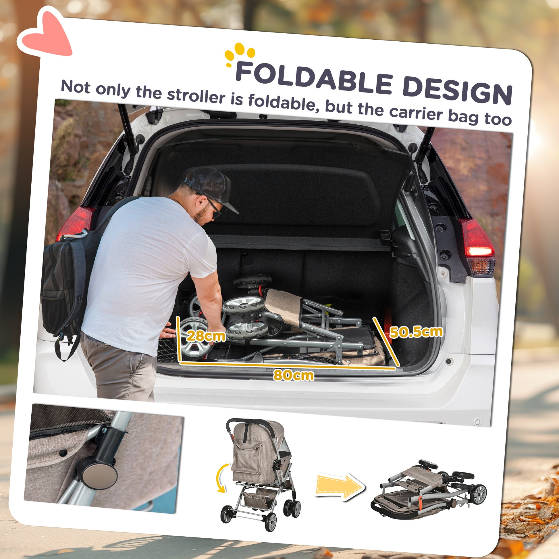 Pawhut Dog Stroller For Small Dogs Cats, 4 Wheels One Click Fold Pet Stroller With Swivel Wheels, Brake, Basket Storage, Safety Belts, Adjustable Canopy, Zippered Mesh Window Door, Brown Brown Steel