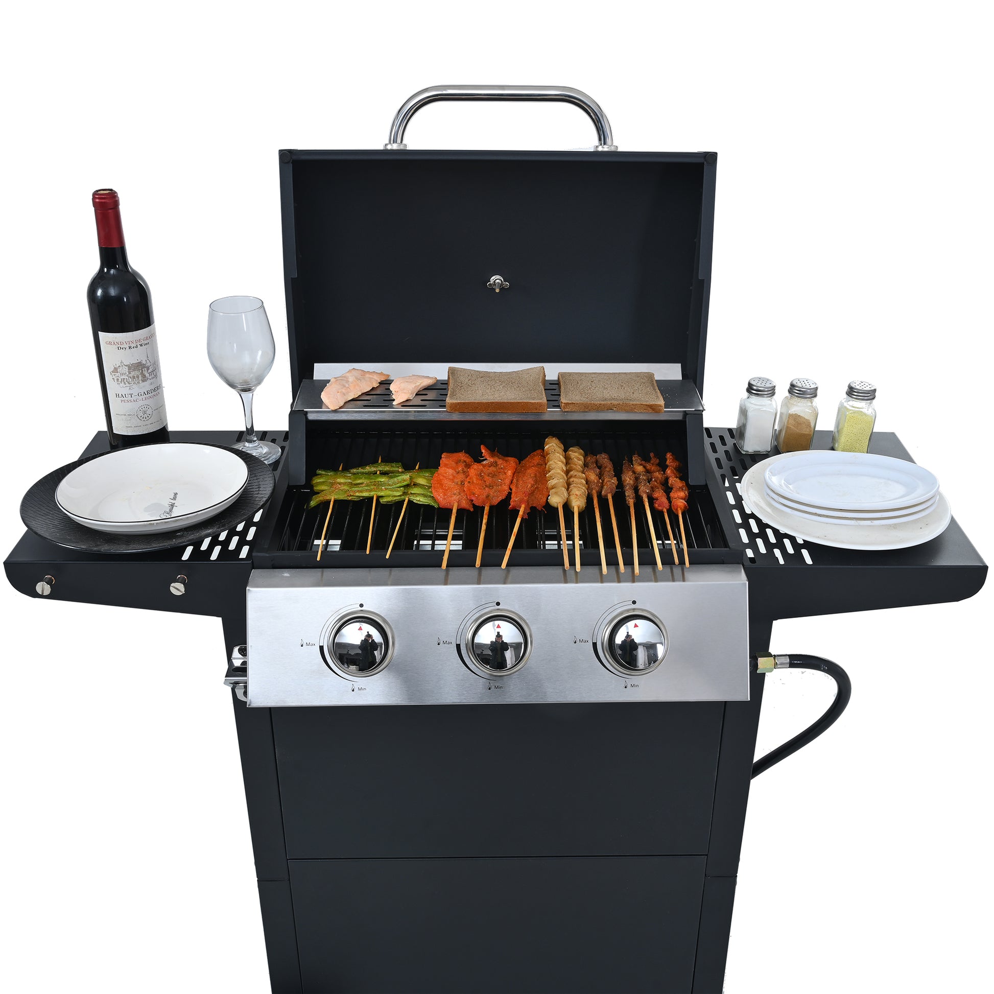Propane Gas Grill 4 Burner Barbecue Grill, Stainless Steel 34,000 Btu Patio Garden Barbecue Grill With Two Shelves, Lid, Wheels And Bottle Opener Black Iron
