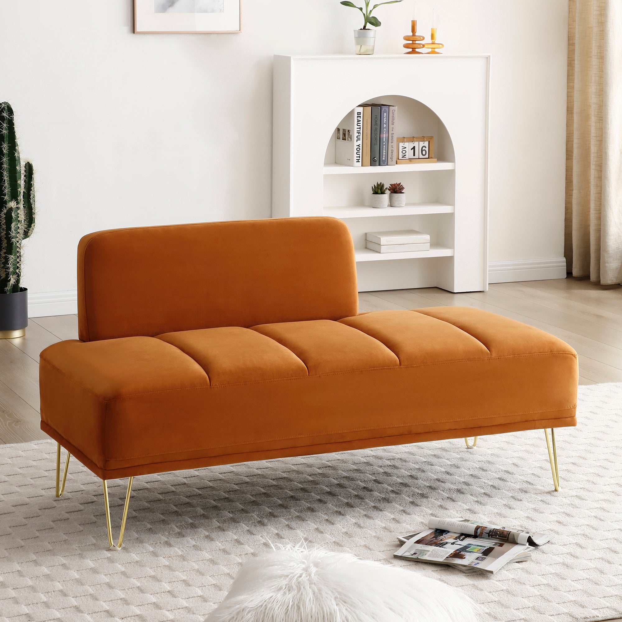56.3"Inch Modern End Of Bed Bench,Velvet Fabric Upholstered 2Seater Sofa Couch Entryway Ottoman Bench, Fuzzy Sofa Stool Footrest ,Window Bench With Gold Metal Legs For Bedroom, Living Room,Orange Orange Velvet Wood Primary Living Space Foam Velvet 2 Seat