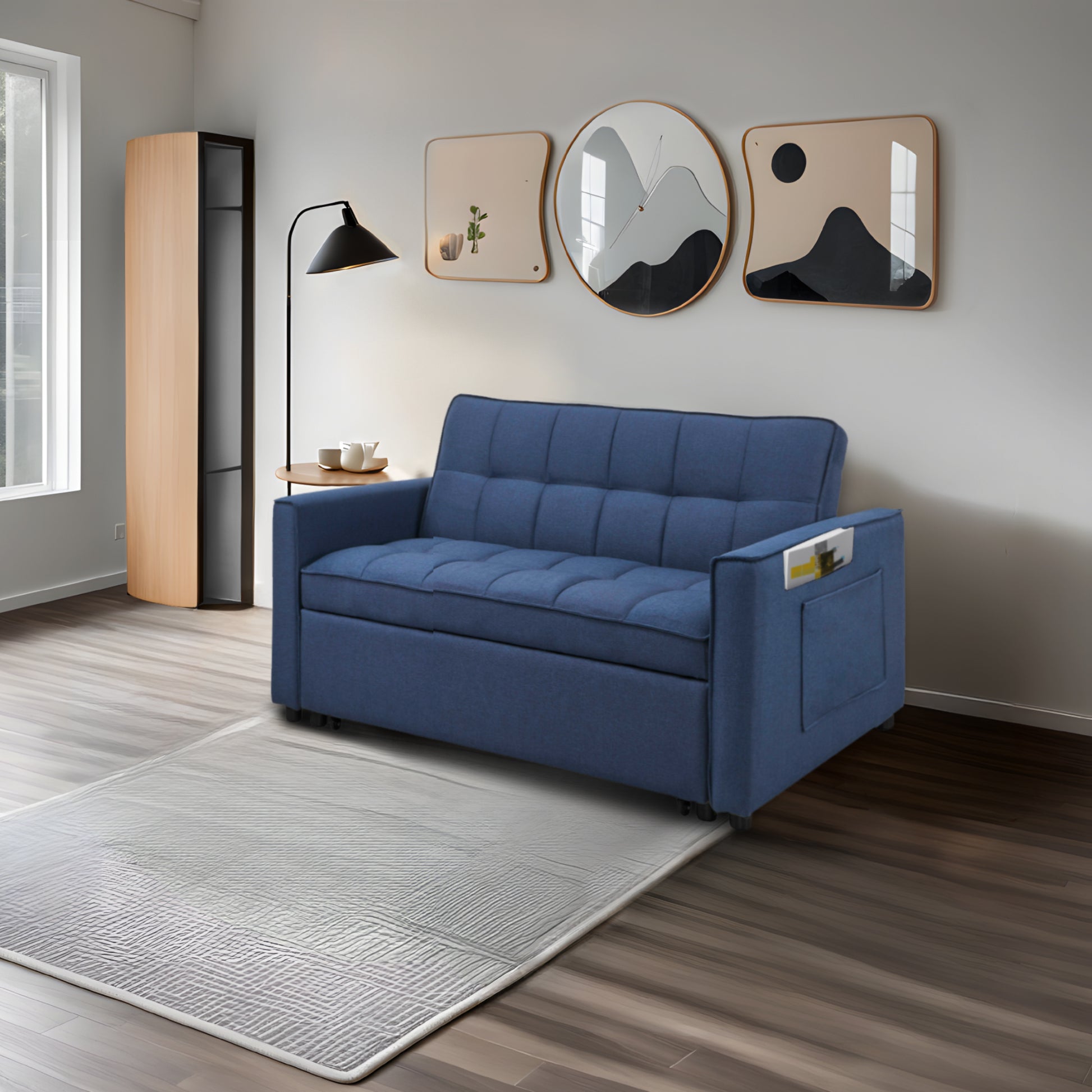 Stylish Blue Pull Out Sofa Bed With Woven Polyester Fabric & Solid Wood Frame Blue Polyester 2 Seat