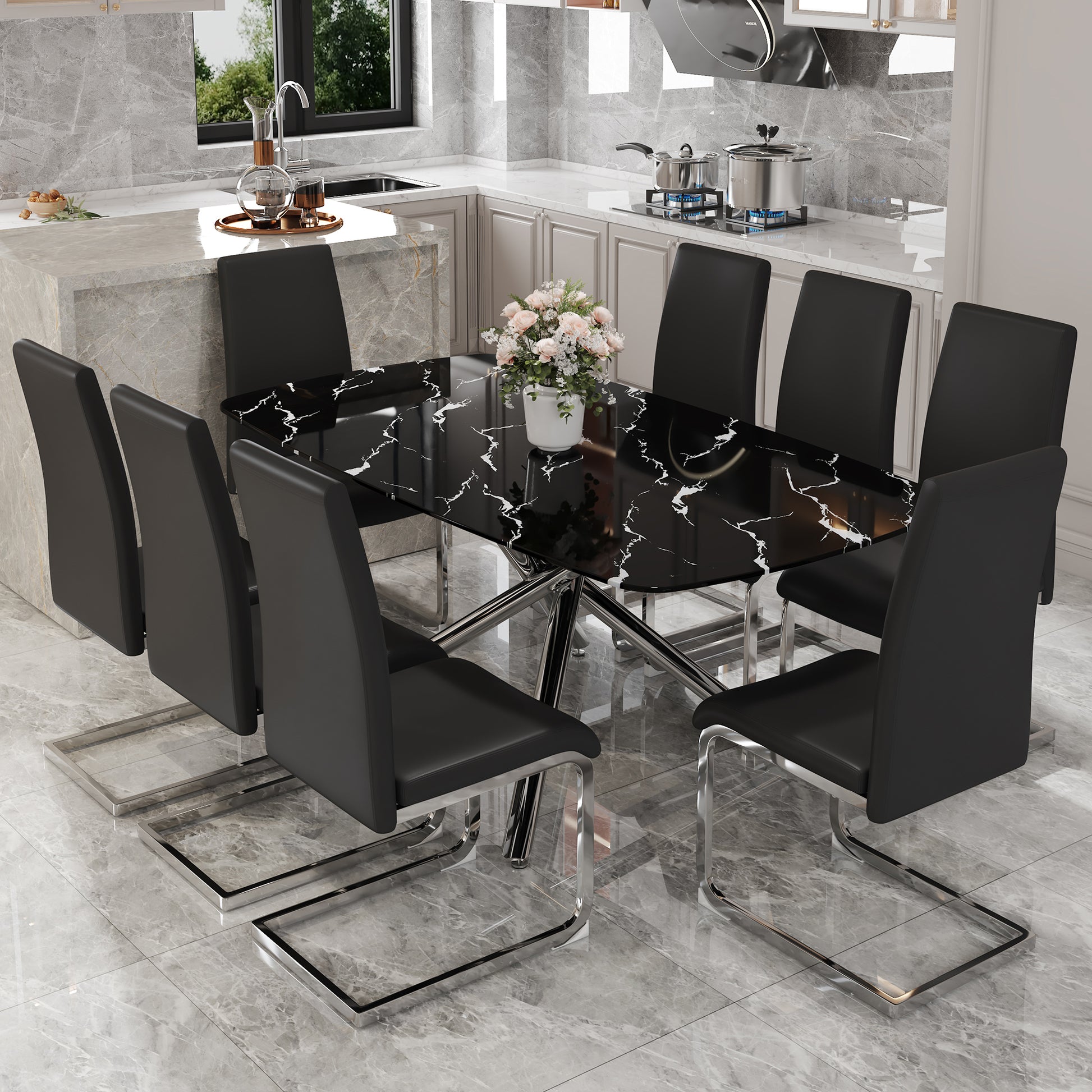 Table And Chair Set, Large Modern Minimalist Rectangular Dining Table, 0.39 Inch Black Imitation Marble Tabletop And Silver Metal Legs, Soft Leather Seats. F 1537 Silver Glass Metal
