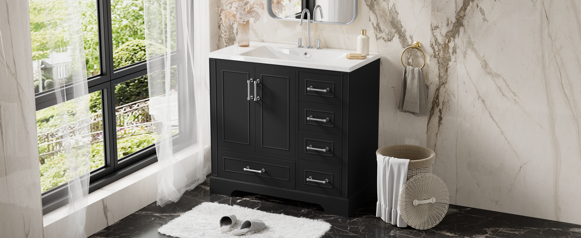 36 Inch Traditional Bathroom Vanity With Resin Sink Combo Set, Black Bathroom Cabinet With Two Doors And Four Drawers Black Bathroom Solid Wood Mdf Resin