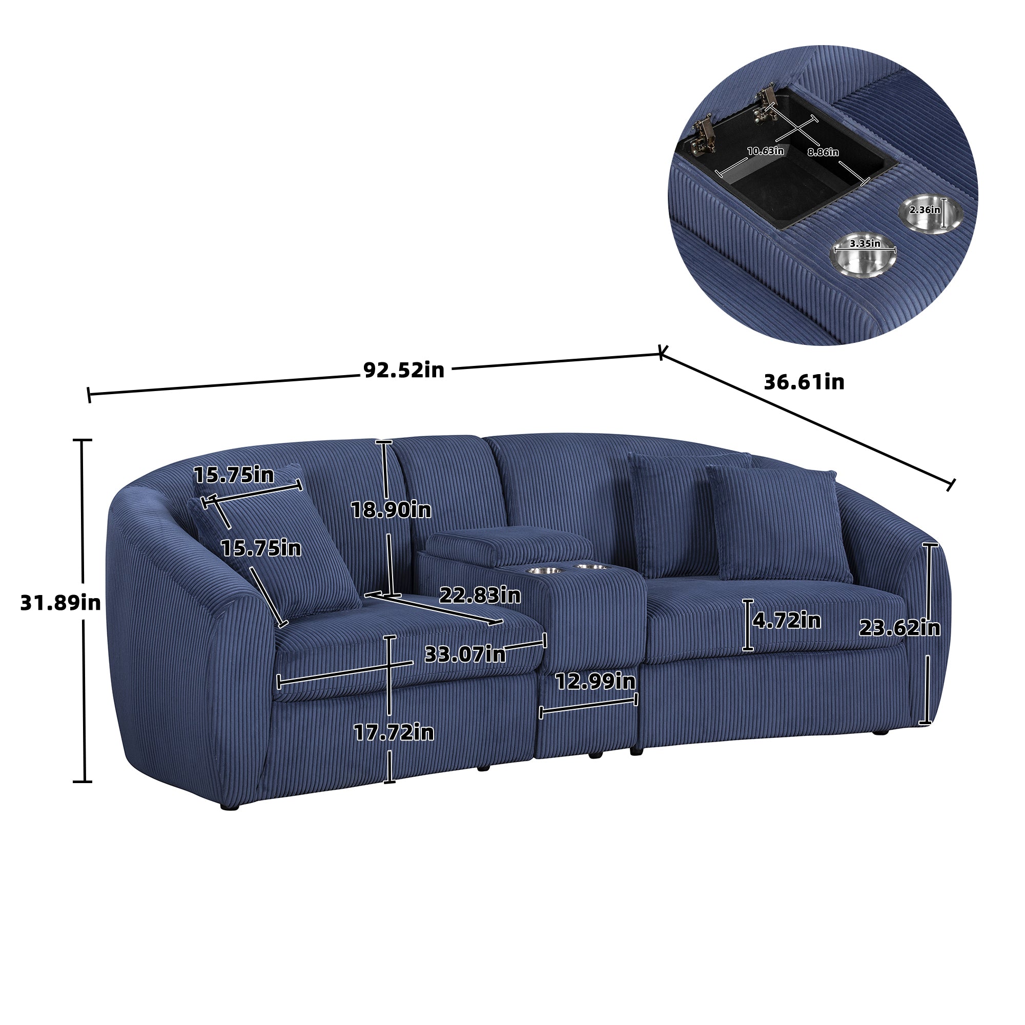 United We Win Velvety Fabric, Two Cup Holders, Storage, Oversized Two Seat, Solid Wood Frame, High Quality Sponge Filling, Curved Placement Sofa Navy Velvet 2 Seat