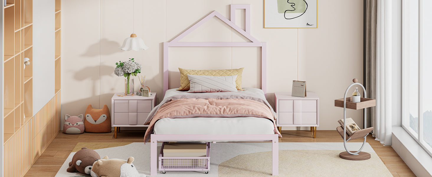 Twin Size Metal Platform Bed With Two Drawers,House Shaped Headboard Design, Pink Twin Pink Metal