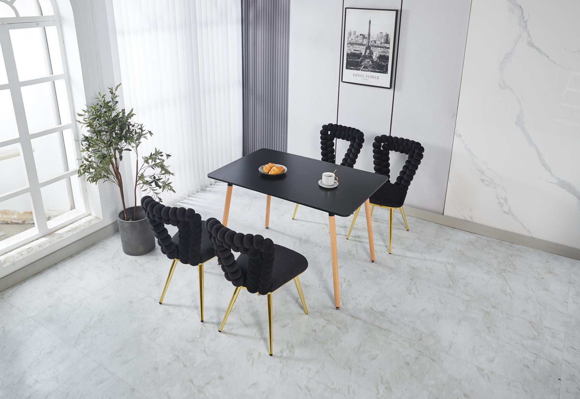 Modern Chair Set Of 2 With Golden Color Iron Tube Legs, Black Soft Cushions And Comfortable Backrest, Suitable For Dining Room, Living Room, Cafe,Hairball Back Gold Black Fabric