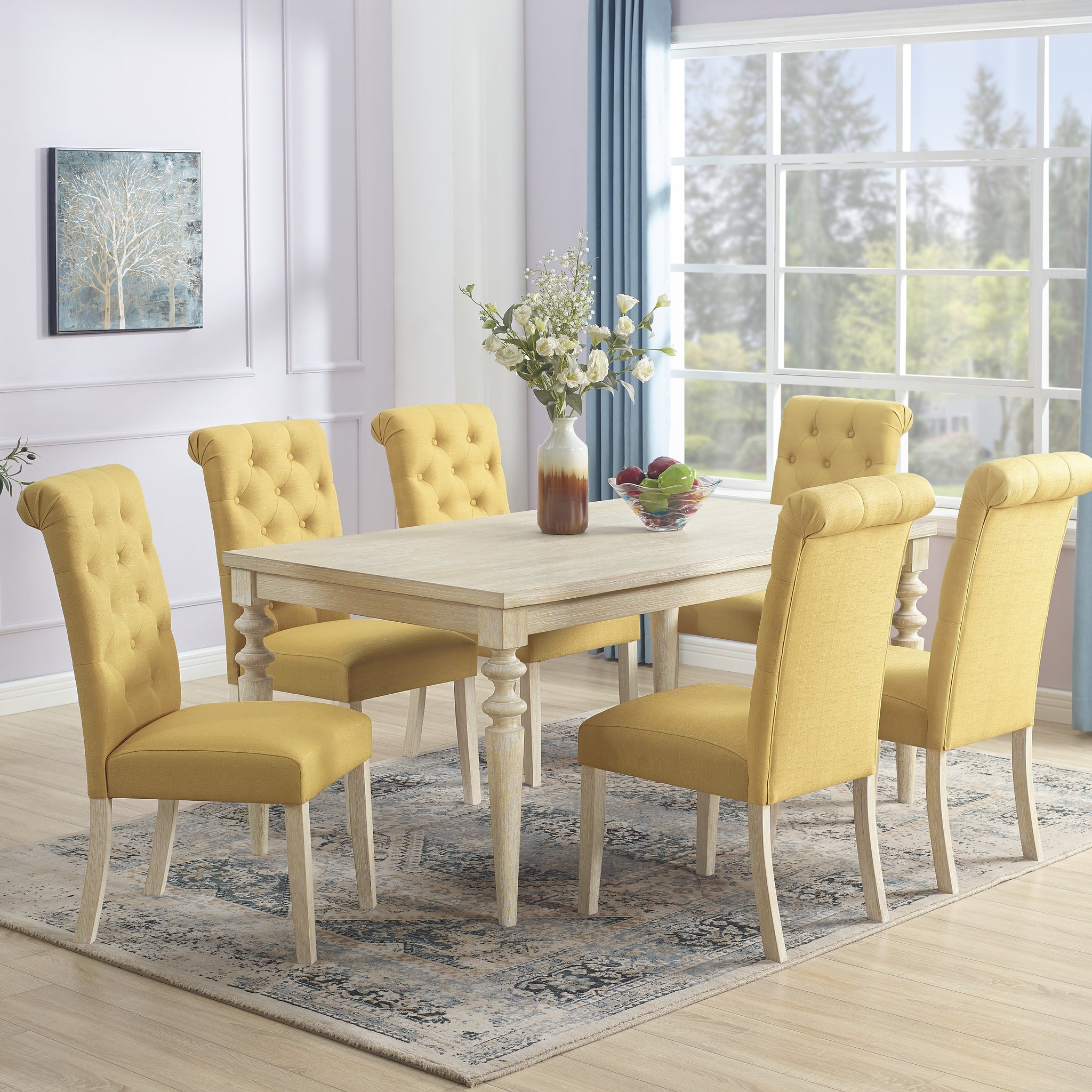 Amonia 7 Piece Dining Set, Turned Leg Dining Table With 6 Tufted Chairs Light Brown Wood Dining Room Fixed Table Rubberwood Rectangular Dining Table With Chair Wood Wood Beige Brown Seats 6 Rectangular 4 Leg Mdf