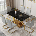 Table And Chair Set.Modern Rectangular Dining Table With Black Textured Stickers Glass Tabletop And Gold Plated Metal Legs.Paried With 6 Comfortable Chairs With Pu Seats And Golden Metal Legs. Gold,Light Gray Seats 6 Glass Metal