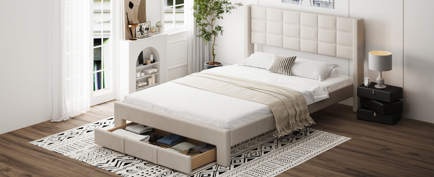 Queen Size Upholstered Platform Bed With A Big Drawer, Beige Box Spring Not Required Queen Beige Wood Bedroom Bed Frame Polyester Upholstered