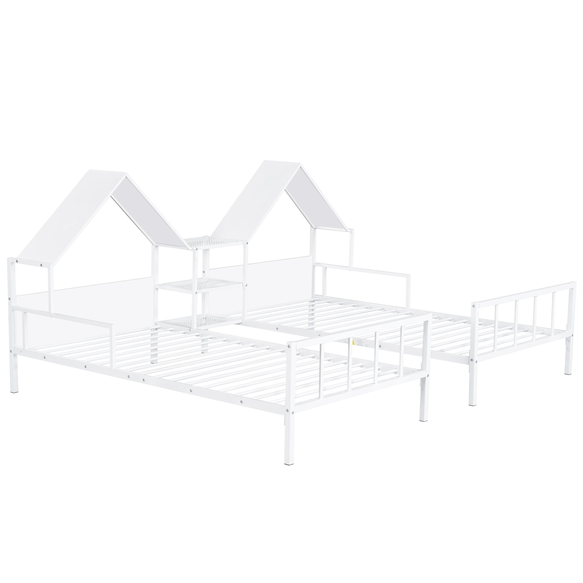 Metal Double Twin Size Platform Bed With House Shaped Headboard And A Built In Nightstand, White Box Spring Not Required Twin White Metal Metal