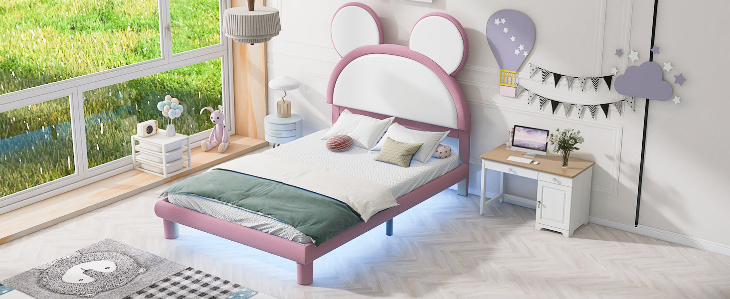 Full Size Upholstered Platform Bed With Cartoon Ears Shaped Headboard And Led, White&Pink Box Spring Not Required Full White Pink Bedroom Bed Frame Faux Leather Upholstered