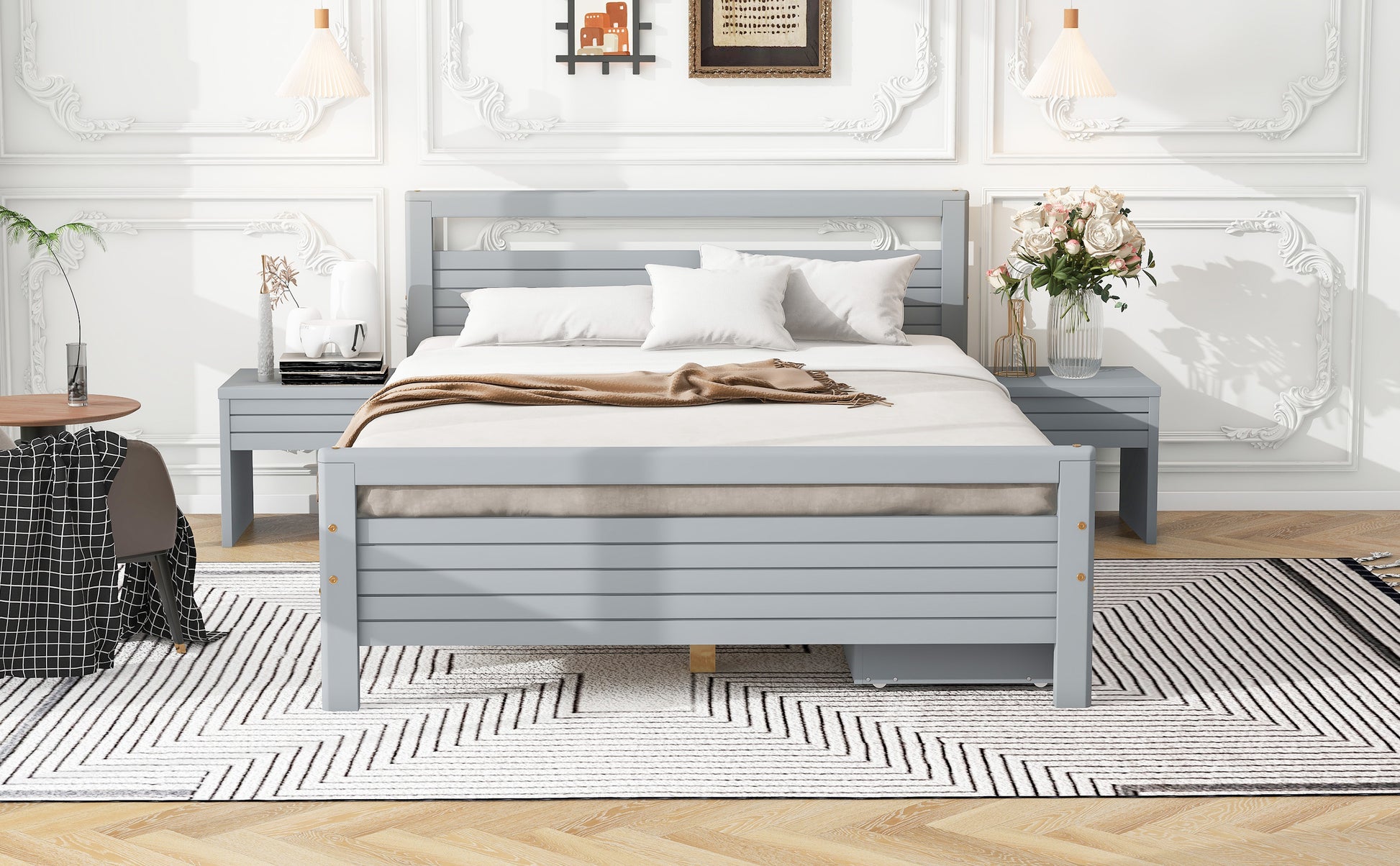 Full Size Wooden Platform Bed With 2 Storage Drawers And 2 Bedside Tables, Gray Full Gray Pine