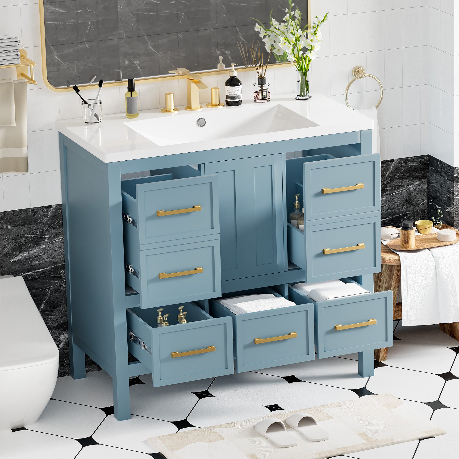 36'' Bathroom Vanity With Resin Sink Combo, Solid Wood Frame Bathroom Storage Cabinet, Freestanding Vanity Set With 5 Drawers& Soft Closing Doors Same As Sw000142Aam Blue Bathroom Solid Wood Mdf Resin