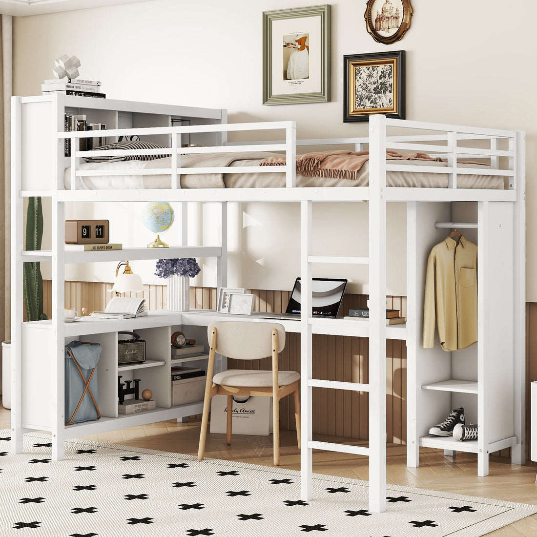 Metal Loft Bed With Wardrobe And L Shaped Desk, Full Size Loft Bed With Storage Cubes And Shelves, Heavy Duty Loft Bed For Kids Teens Adults, White Full Off White Metal