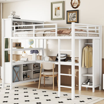 Metal Loft Bed With Wardrobe And L Shaped Desk, Full Size Loft Bed With Storage Cubes And Shelves, Heavy Duty Loft Bed For Kids Teens Adults, White Full Off White Metal